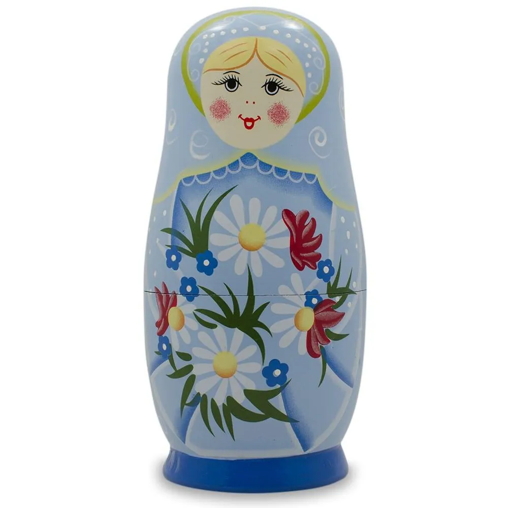 5 Mädchen mit Gänseblümchen & blauem Rock Holzmatrjoschkas 15 cm
