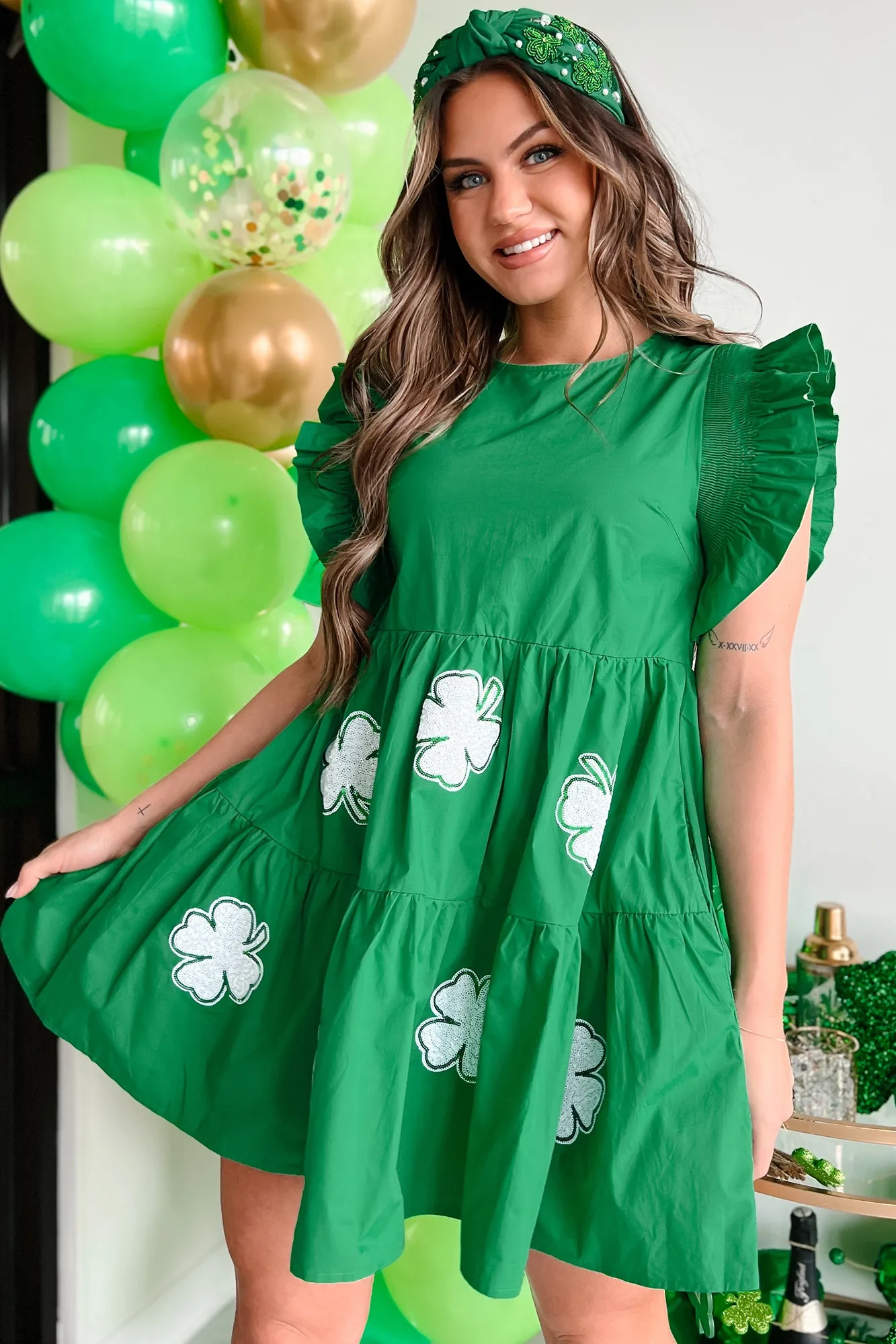 Aisling Sequin Kleeblatt Minikleid (Grün)