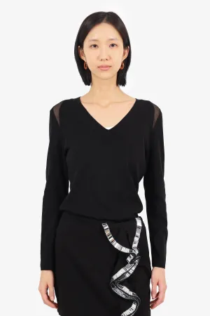 Akris Black Silk Ribbed Knit V-Neck Long-sleeve Sweater Size 12