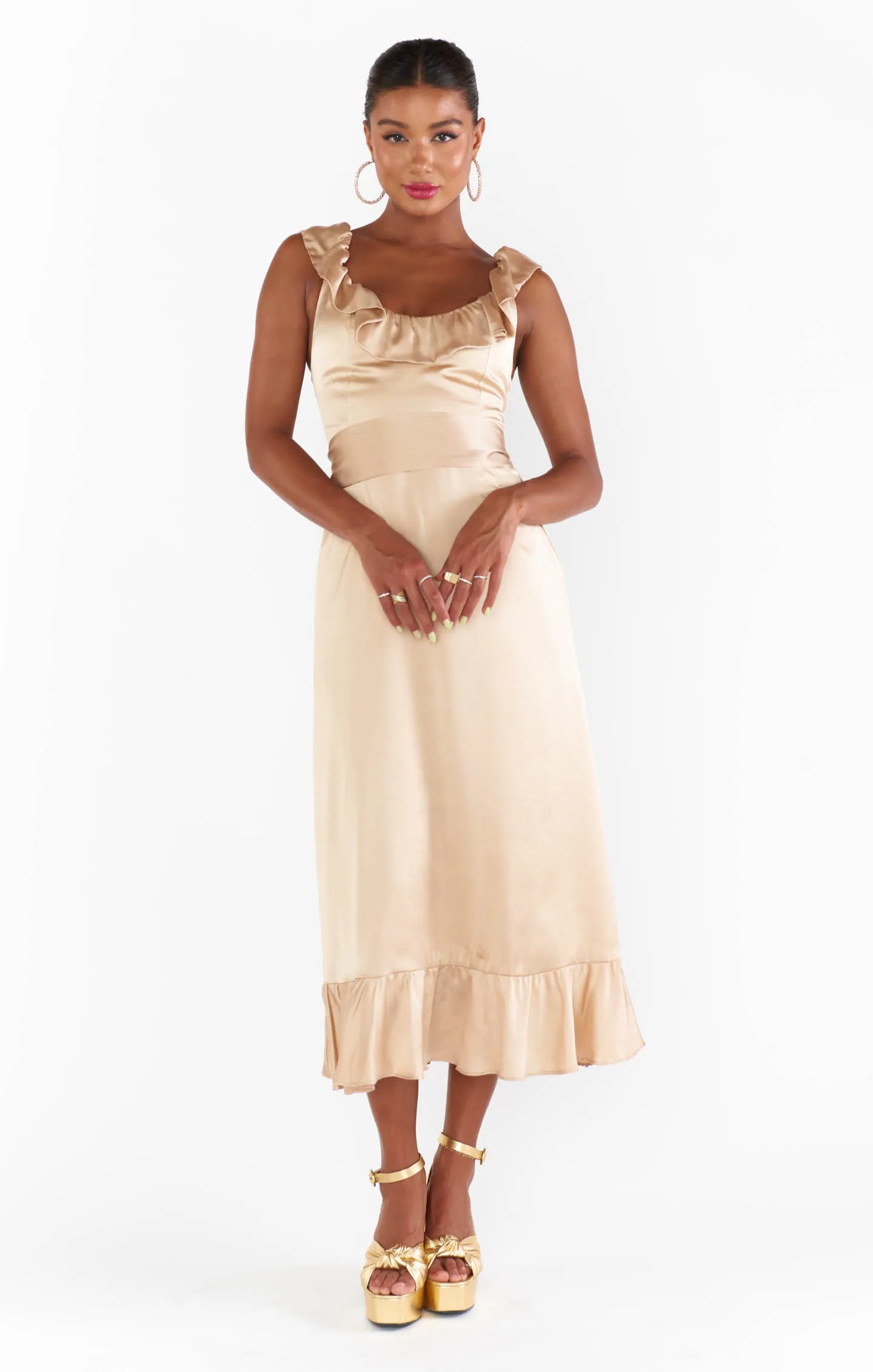 Alexis Midi-Kleid ~ Champagner Luxus-Satin