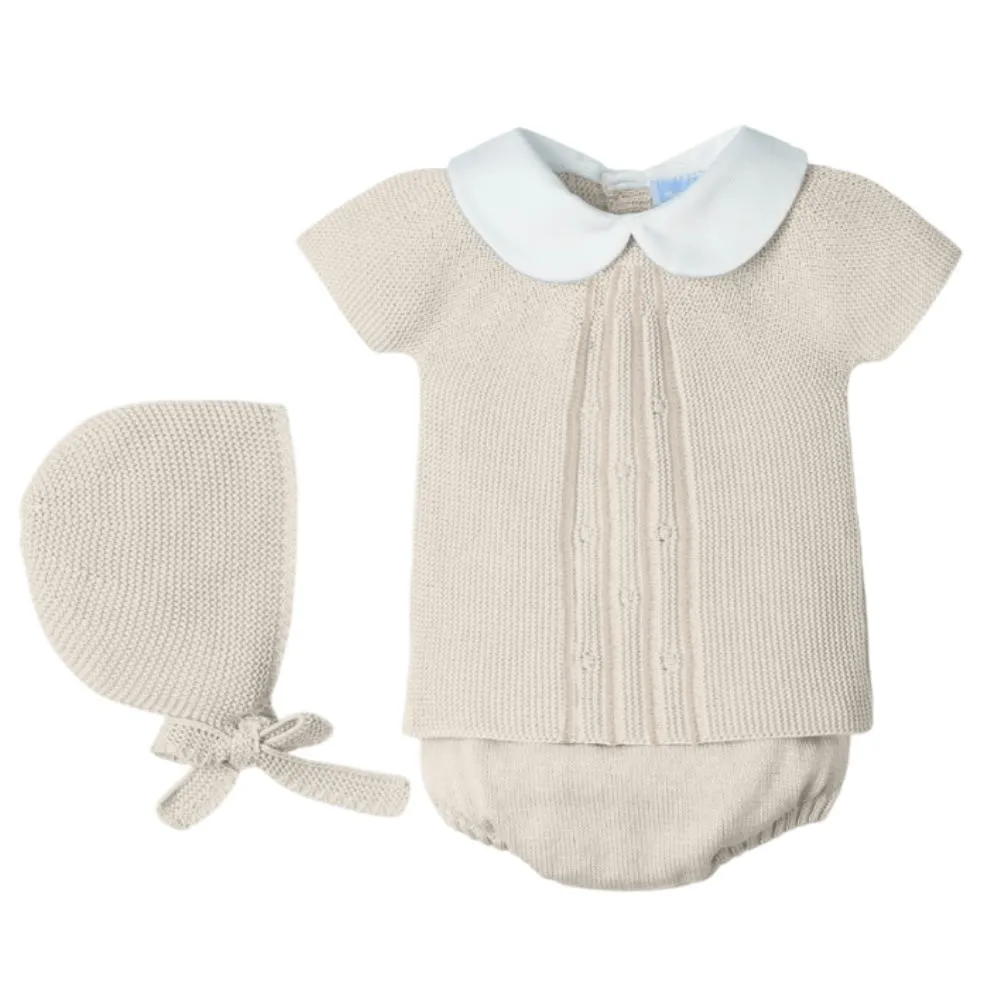 Beige gestricktes 3-teiliges Kurzarm-Set für Babyjungen