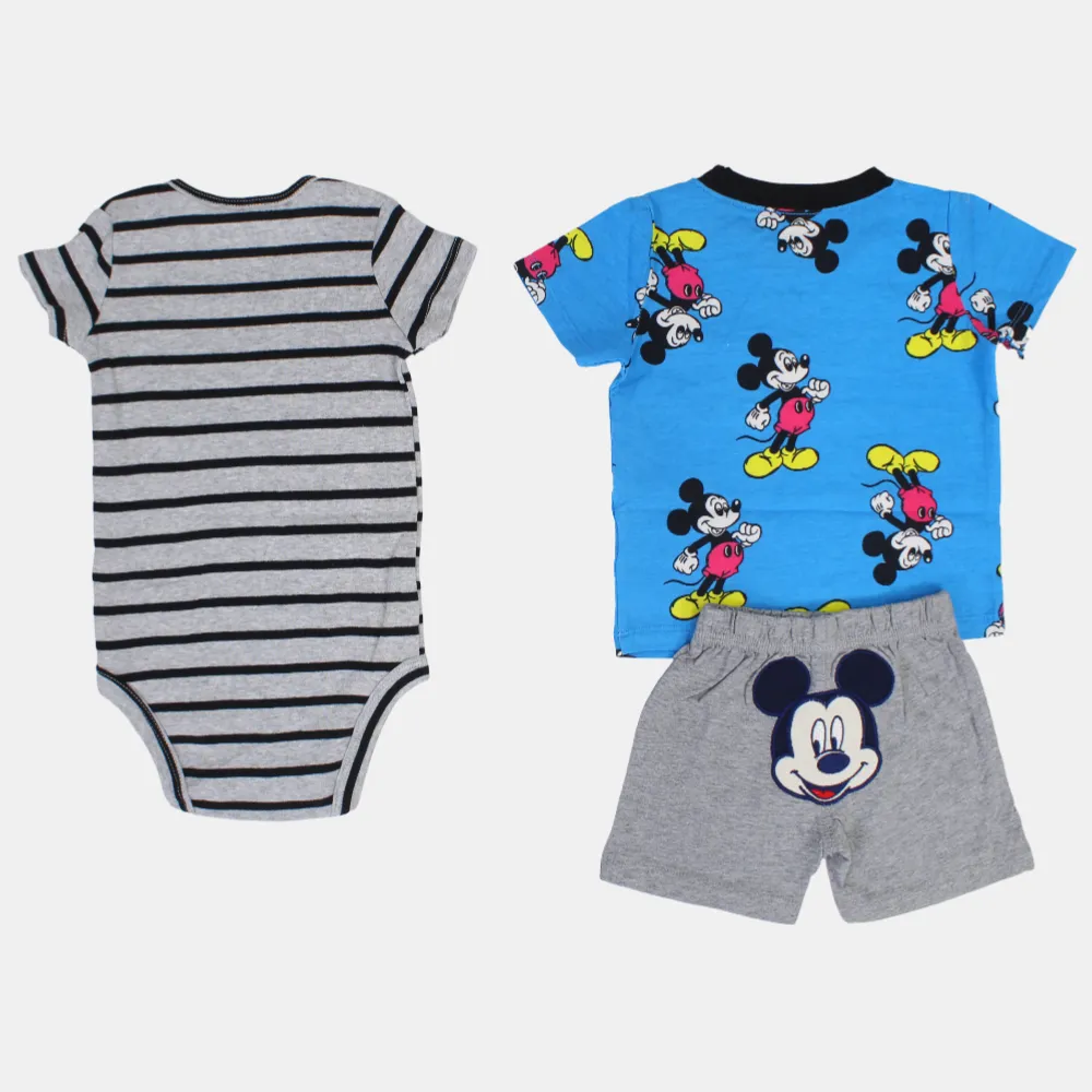 Baumwoll-3-teiliges Outfit-Set für Babyjungen – Blau mit Mickey-Mouse-Druck