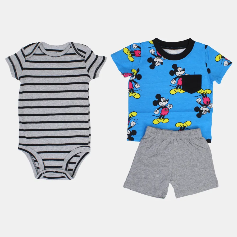 Baumwoll-3-teiliges Outfit-Set für Babyjungen – Blau mit Mickey-Mouse-Druck