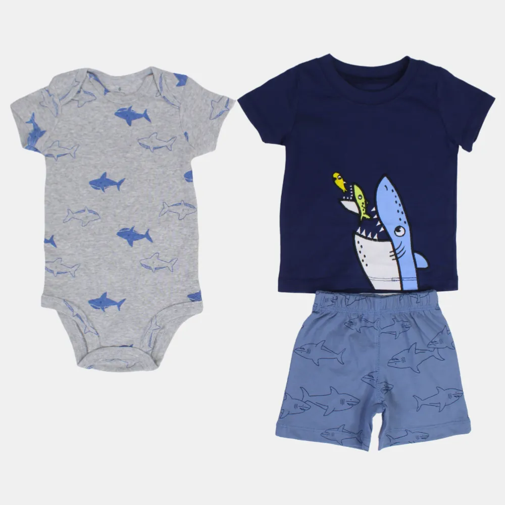 Baumwoll-3-teiliges Outfit-Set für Jungen – Marineblau mit Hai-Design