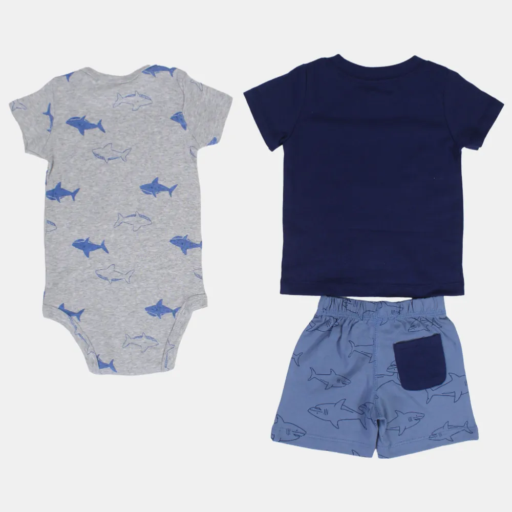 Baumwoll-3-teiliges Outfit-Set für Jungen – Marineblau mit Hai-Design
