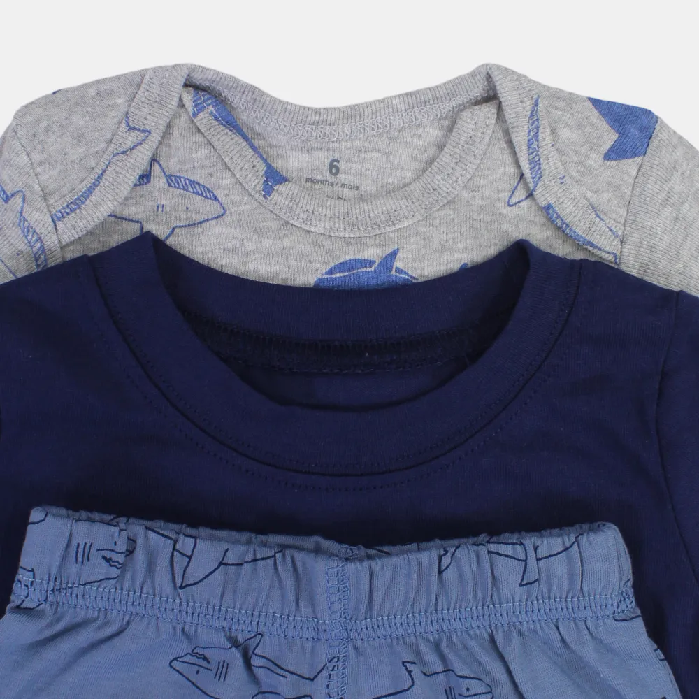 Baumwoll-3-teiliges Outfit-Set für Jungen – Marineblau mit Hai-Design