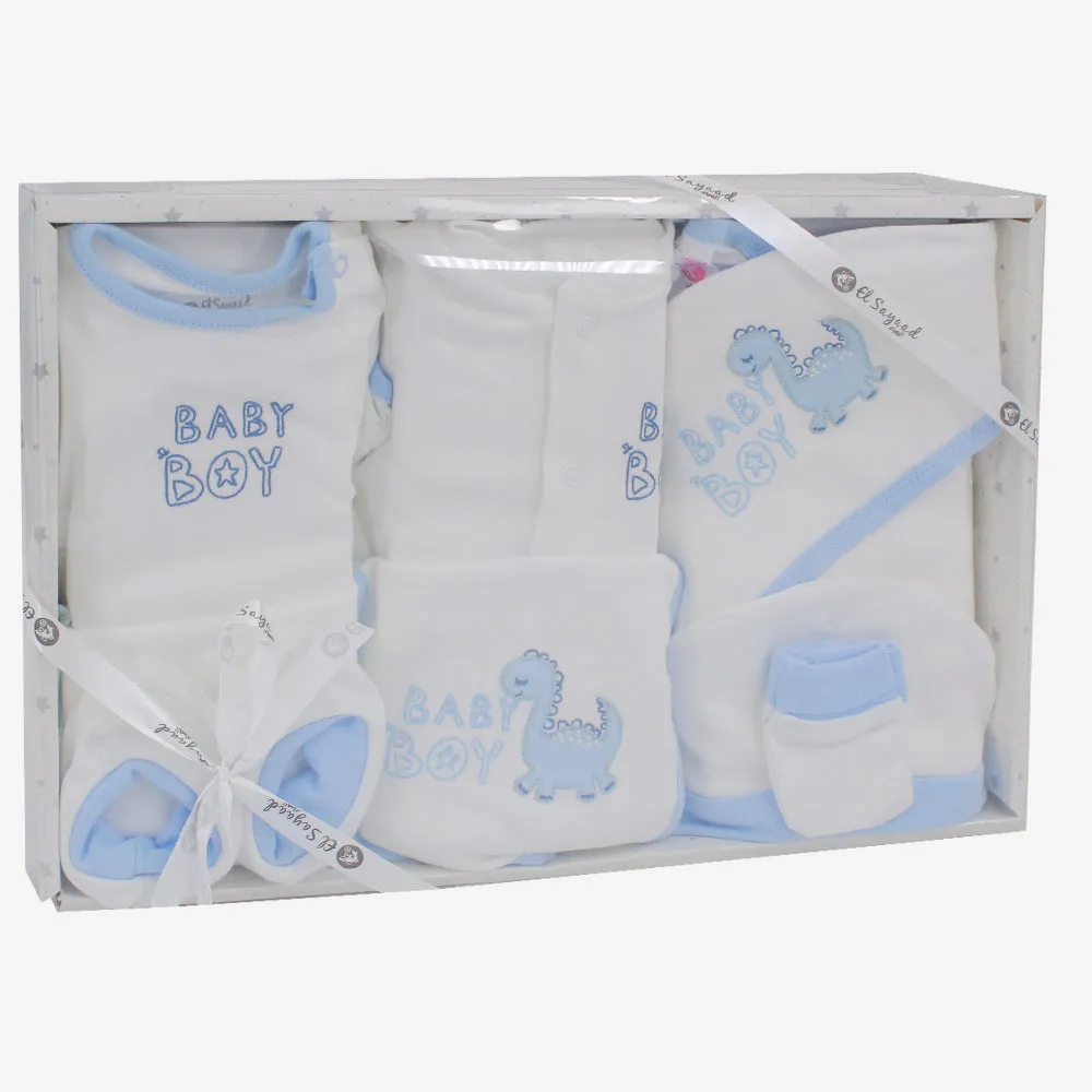 Geschenkbox für Babyjungen – Weiß & Hellblaues Dino-Motiv
