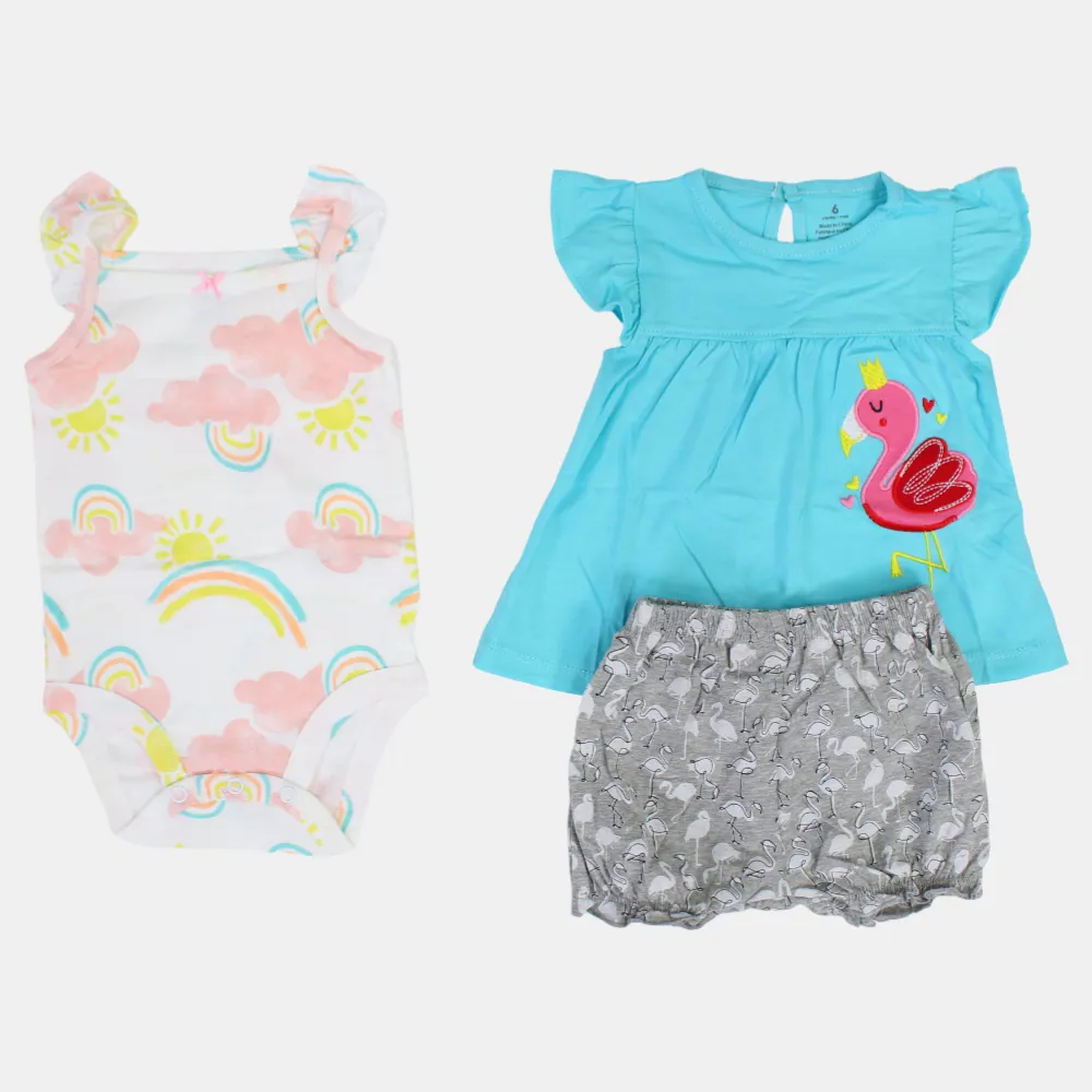 Baby-Mädchen Baumwoll 3-teiliges Outfit-Set – Aqua mit Flamingo-Design