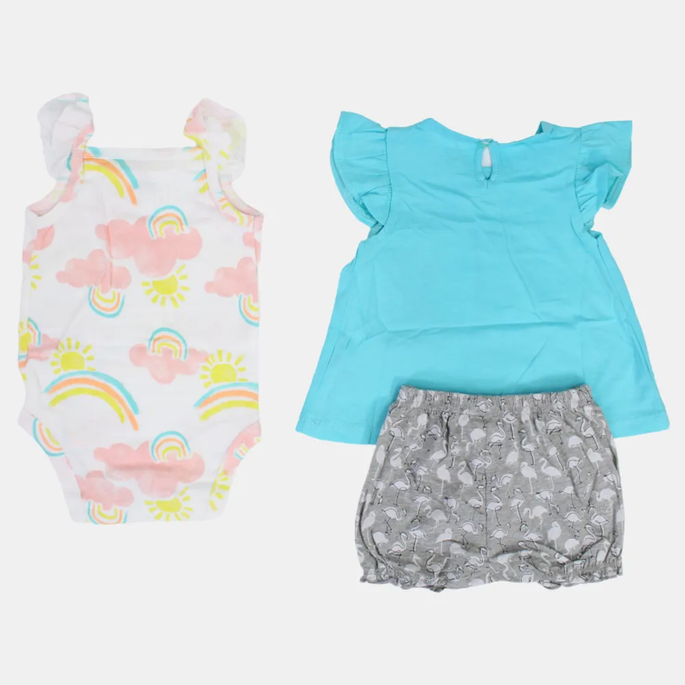 Baby-Mädchen Baumwoll 3-teiliges Outfit-Set – Aqua mit Flamingo-Design