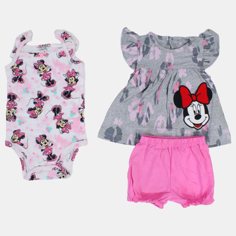 BABY Mädchen Baumwoll 3-teiliges Outfit-Set – Grau mit Minnie Maus Design