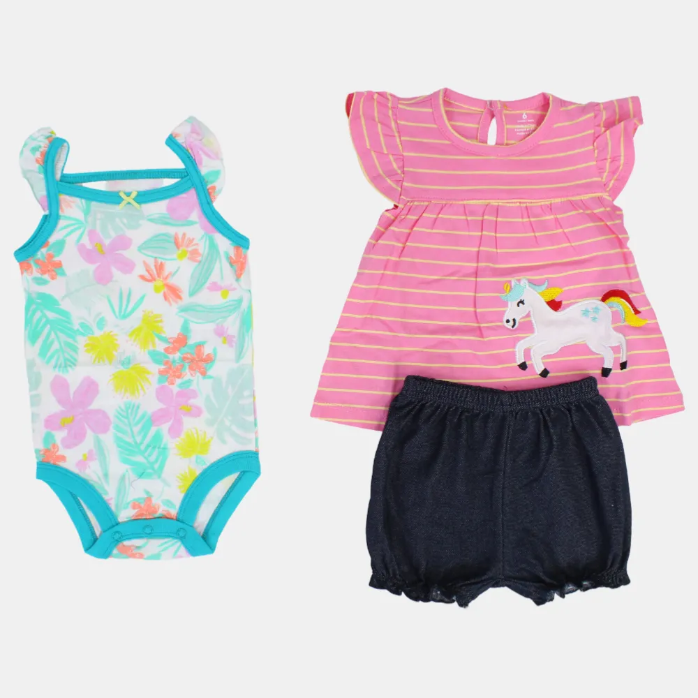 Baby-Mädchen Baumwoll 3-teiliges Outfit-Set – Rosa gestreift mit Einhorn-Design