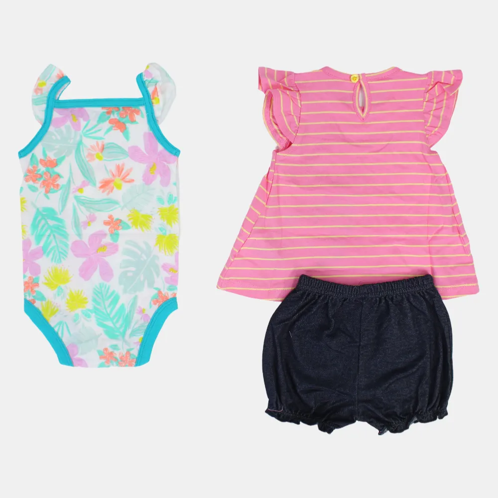 Baby-Mädchen Baumwoll 3-teiliges Outfit-Set – Rosa gestreift mit Einhorn-Design