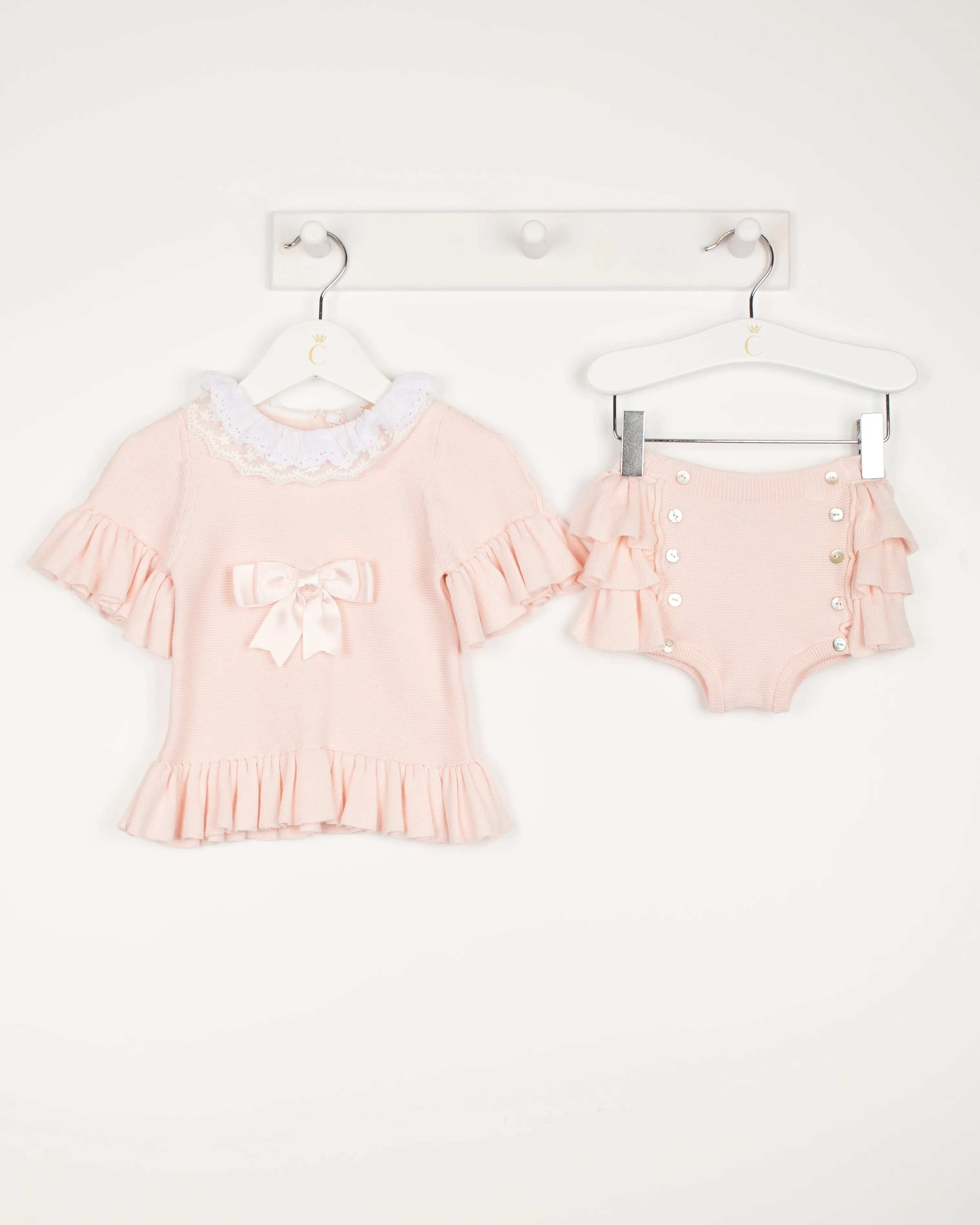 Rosa Spitzenkragen Strick-Bloomer-Set für Baby-Mädchen