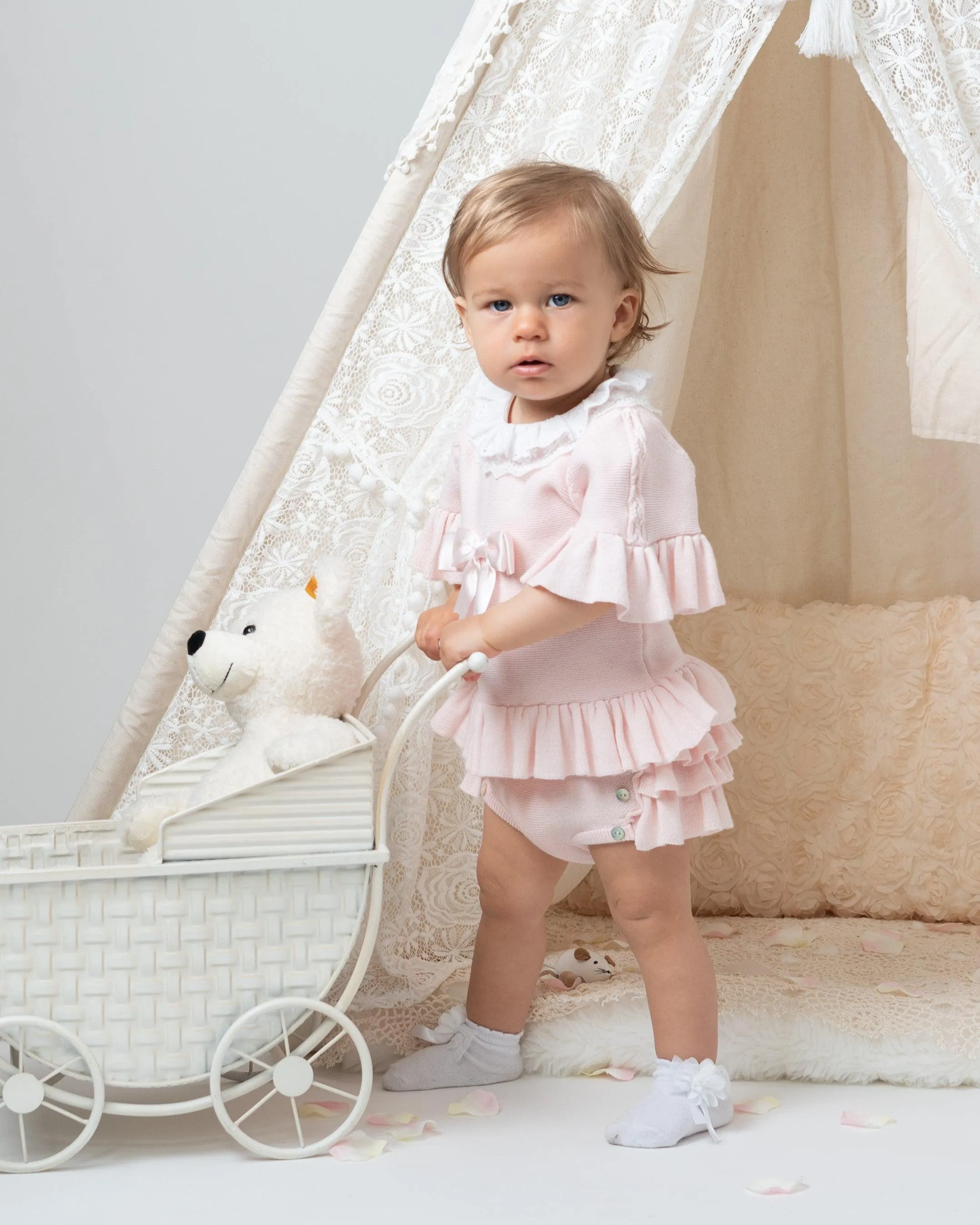 Rosa Spitzenkragen Strick-Bloomer-Set für Baby-Mädchen