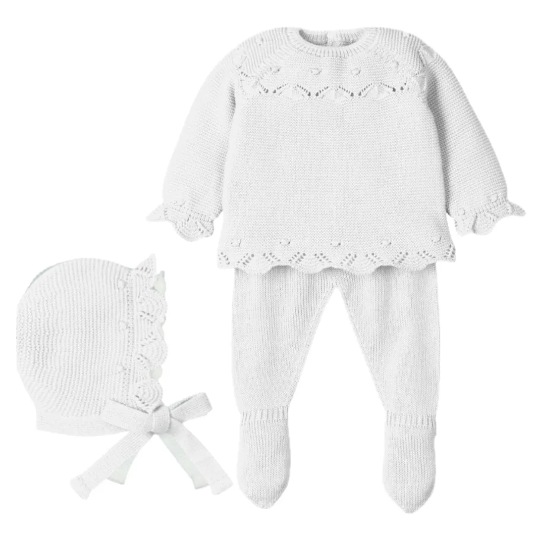 Weißes 3-teiliges Strick-Set für Baby-Mädchen