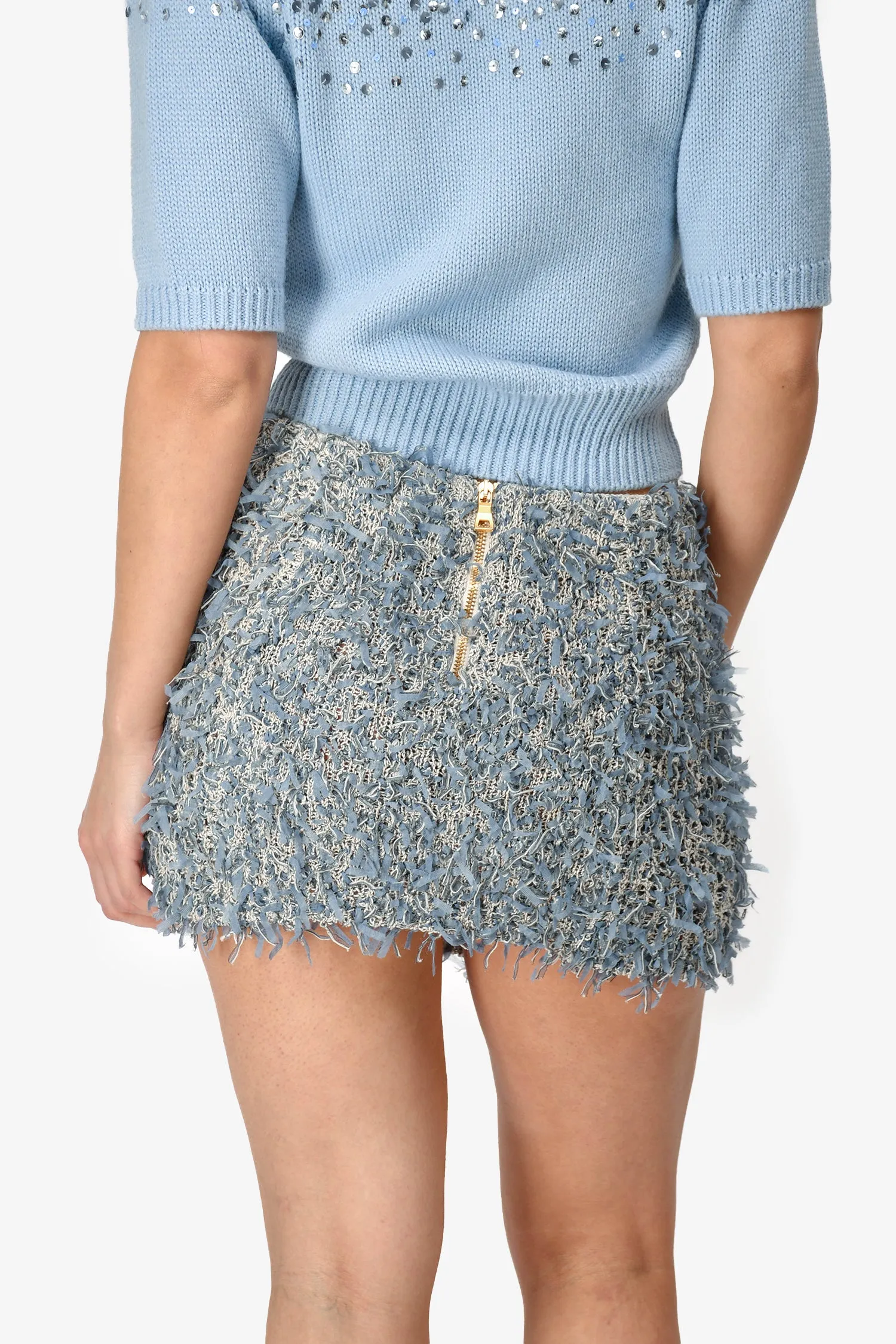 Balmain Blauer Fransen-Minirock mit Goldknöpfen Größe 38