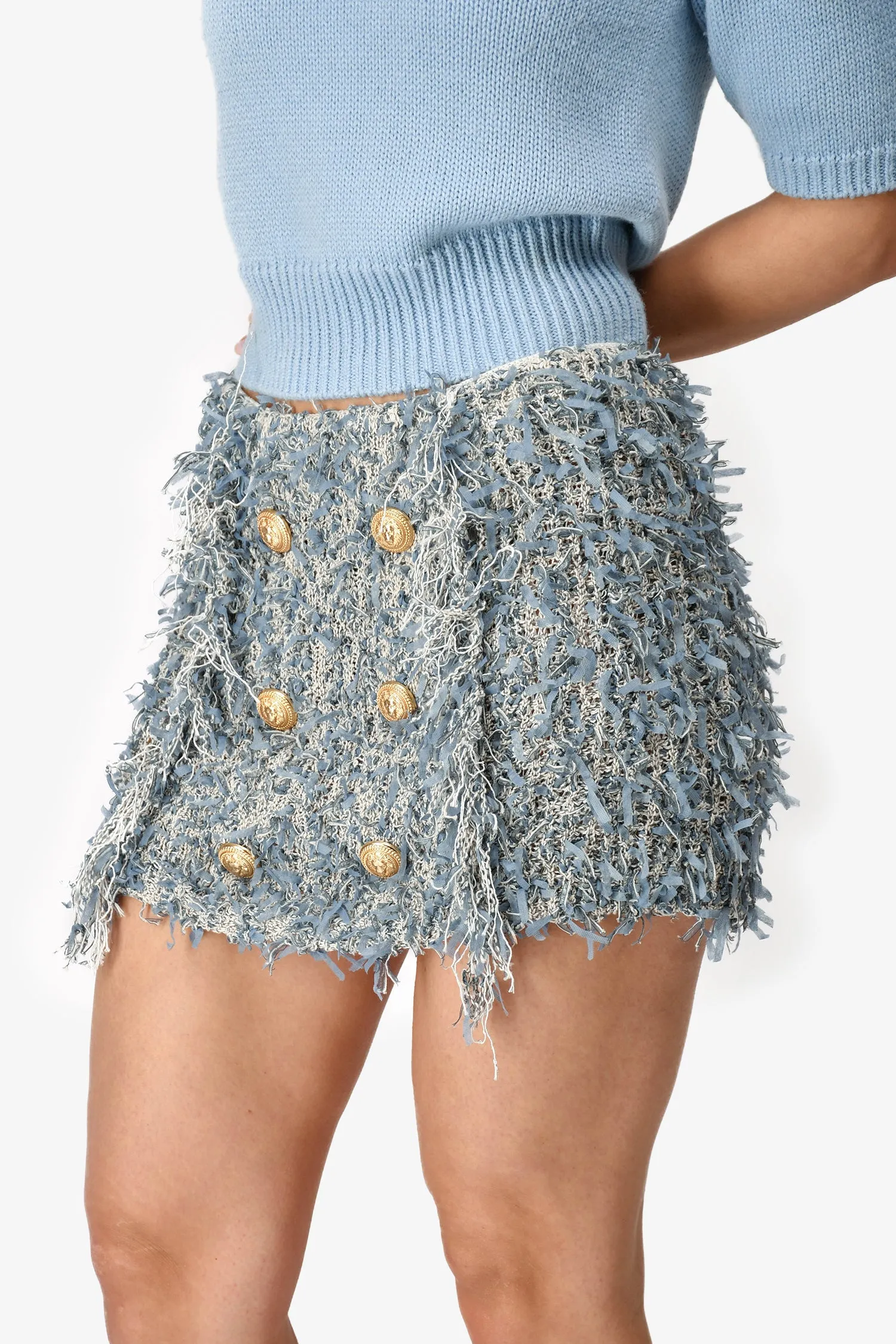 Balmain Blauer Fransen-Minirock mit Goldknöpfen Größe 38