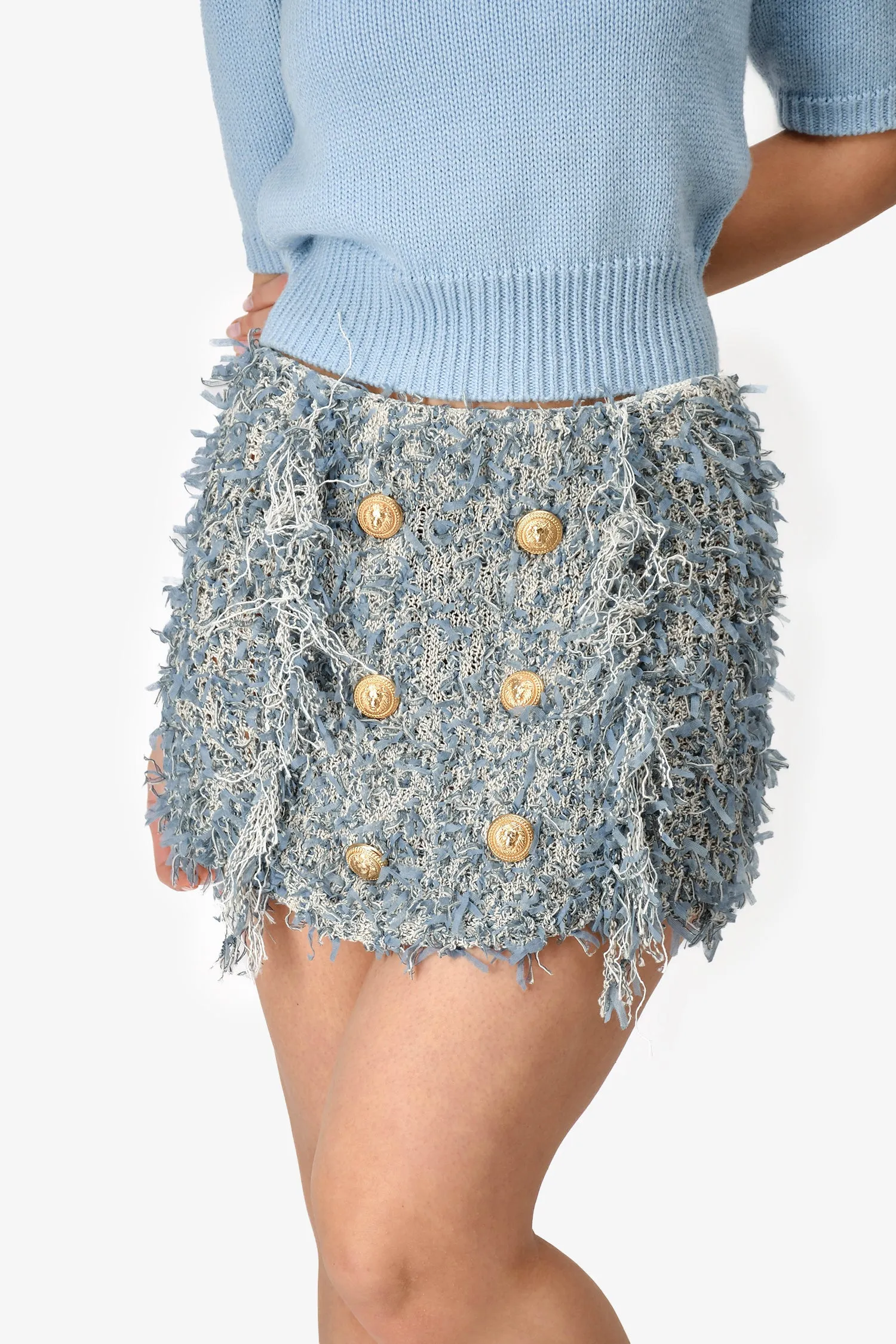 Balmain Blauer Fransen-Minirock mit Goldknöpfen Größe 38
