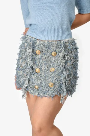 Balmain Blue Fringe Mini Skirt with Gold Buttons Size 38