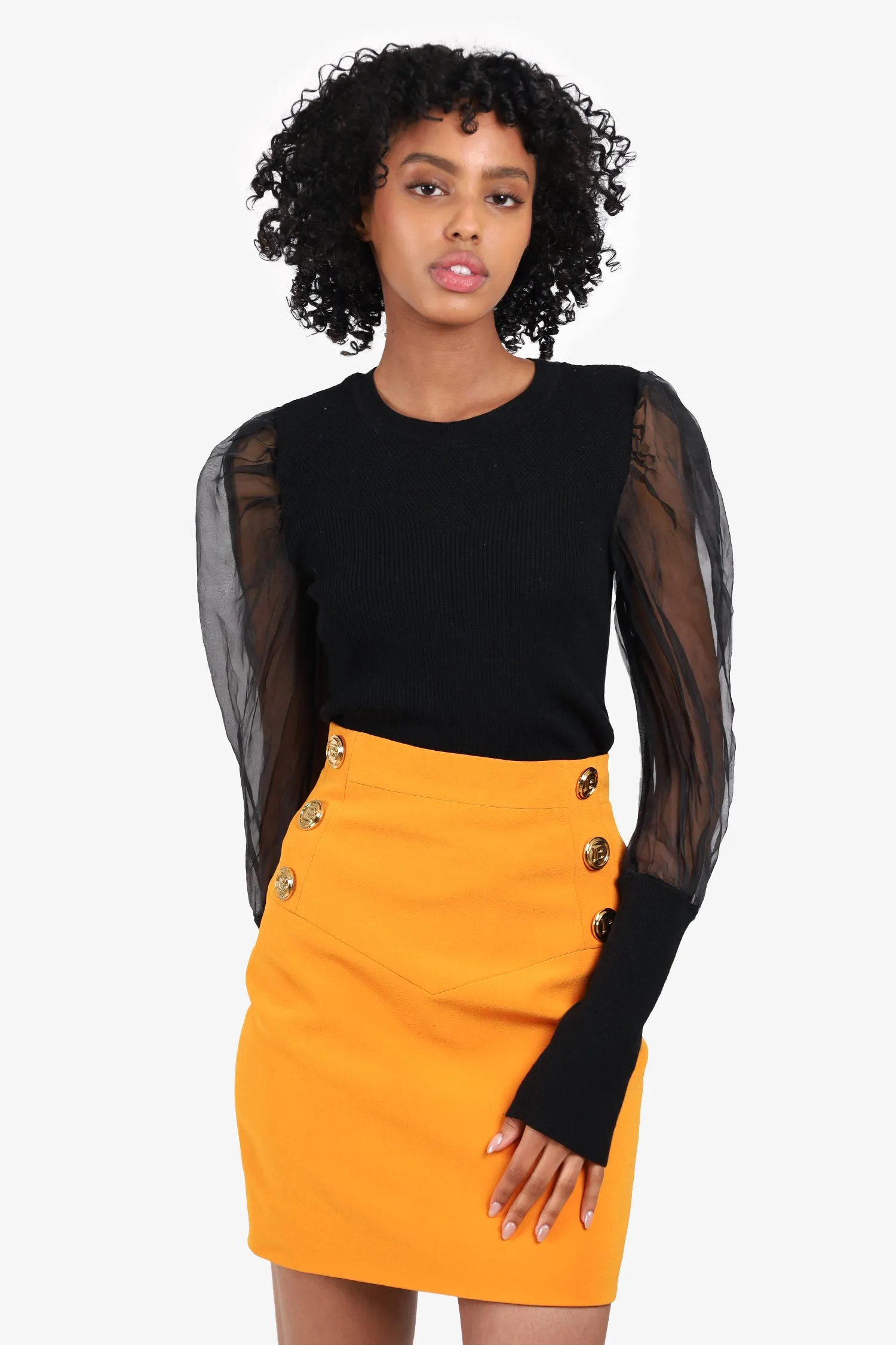Balmain Oranger Bodycon-Minirock mit Goldknöpfen Größe 34