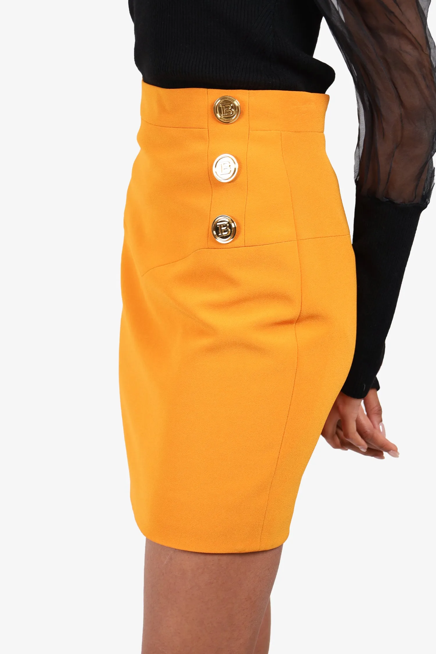 Balmain Oranger Bodycon-Minirock mit Goldknöpfen Größe 34