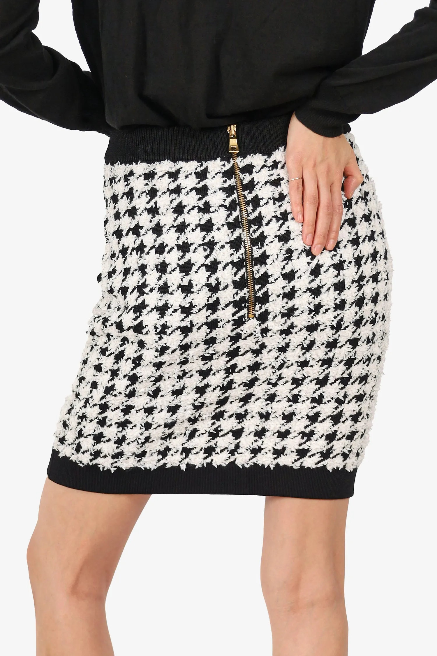 Balmain Weiß/Schwarz Tweed-Hundezahn-Minirock Größe 40