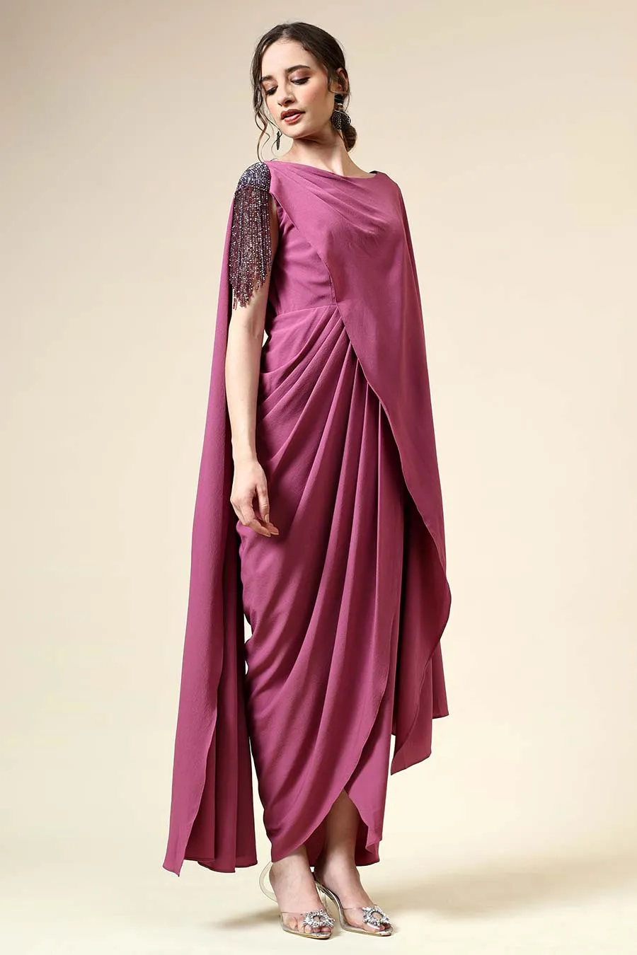 Beerenrosa Fransenbesetztes Drapierkleid