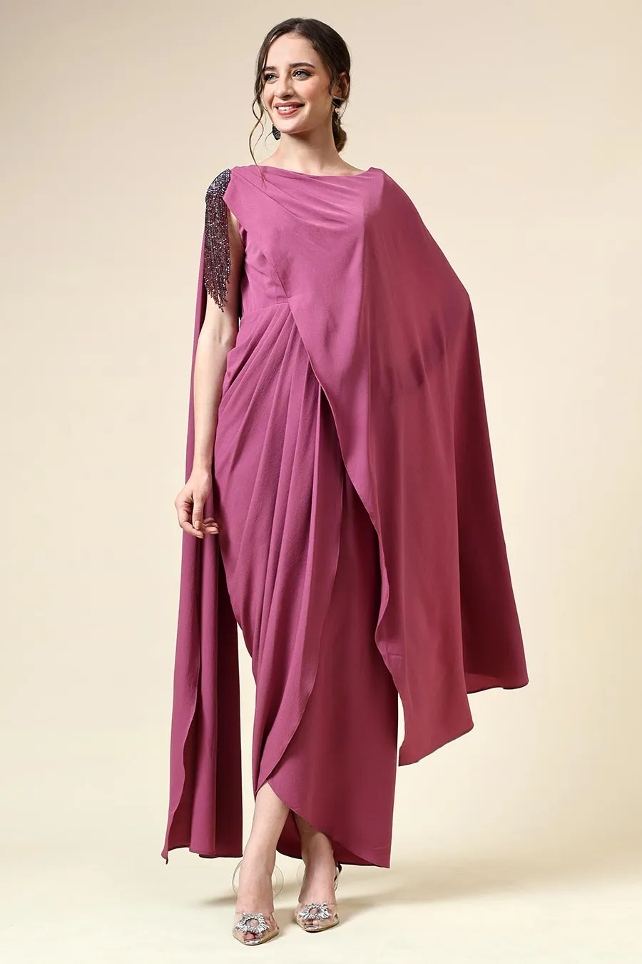 Beerenrosa Fransenbesetztes Drapierkleid