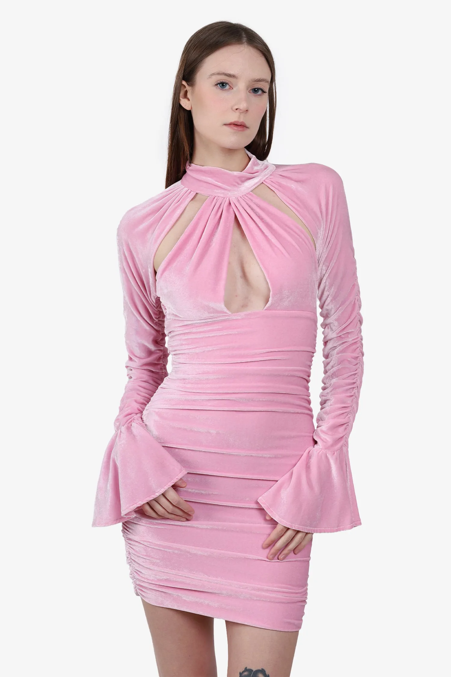 Blumarine Pink Ausgeschnittenes Rüschen-Stretch-Samt-Minikleid Größe 2