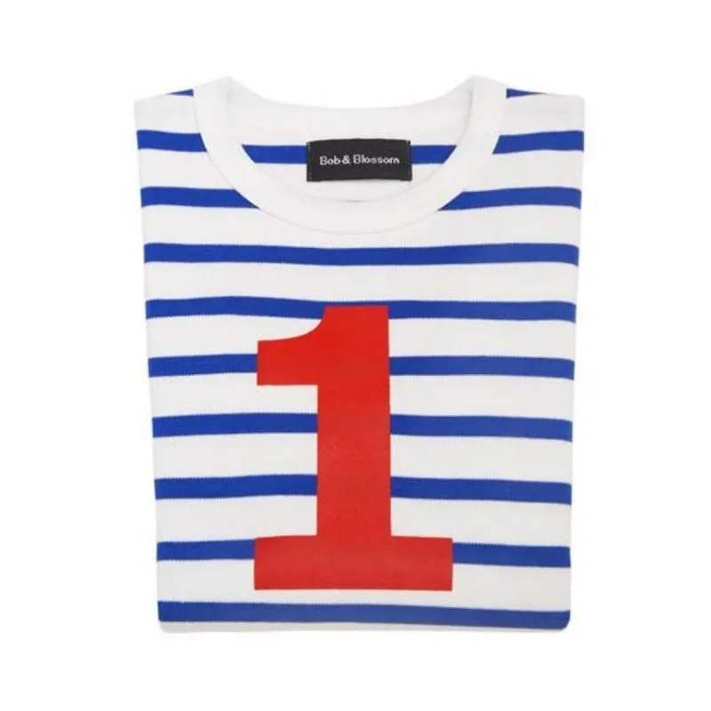 Bob & Blossom: Französisches Blau & Cremeweiß gestreiftes T-Shirt Nummer 1
