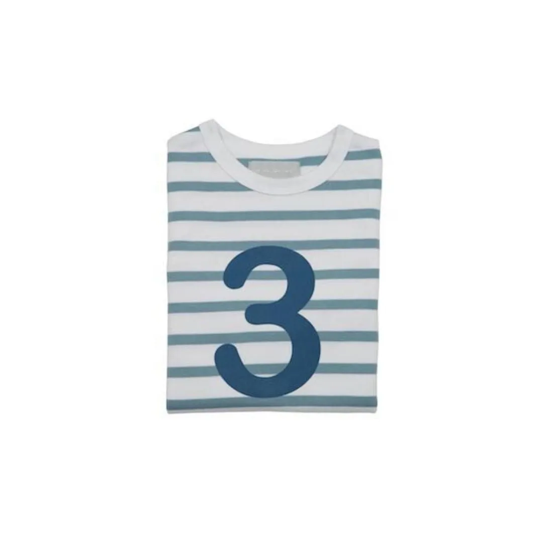 Bob & Blossom: Ozeanblau & Weiß Breton Gestreiftes Blaues Nummer 3 T-Shirt
