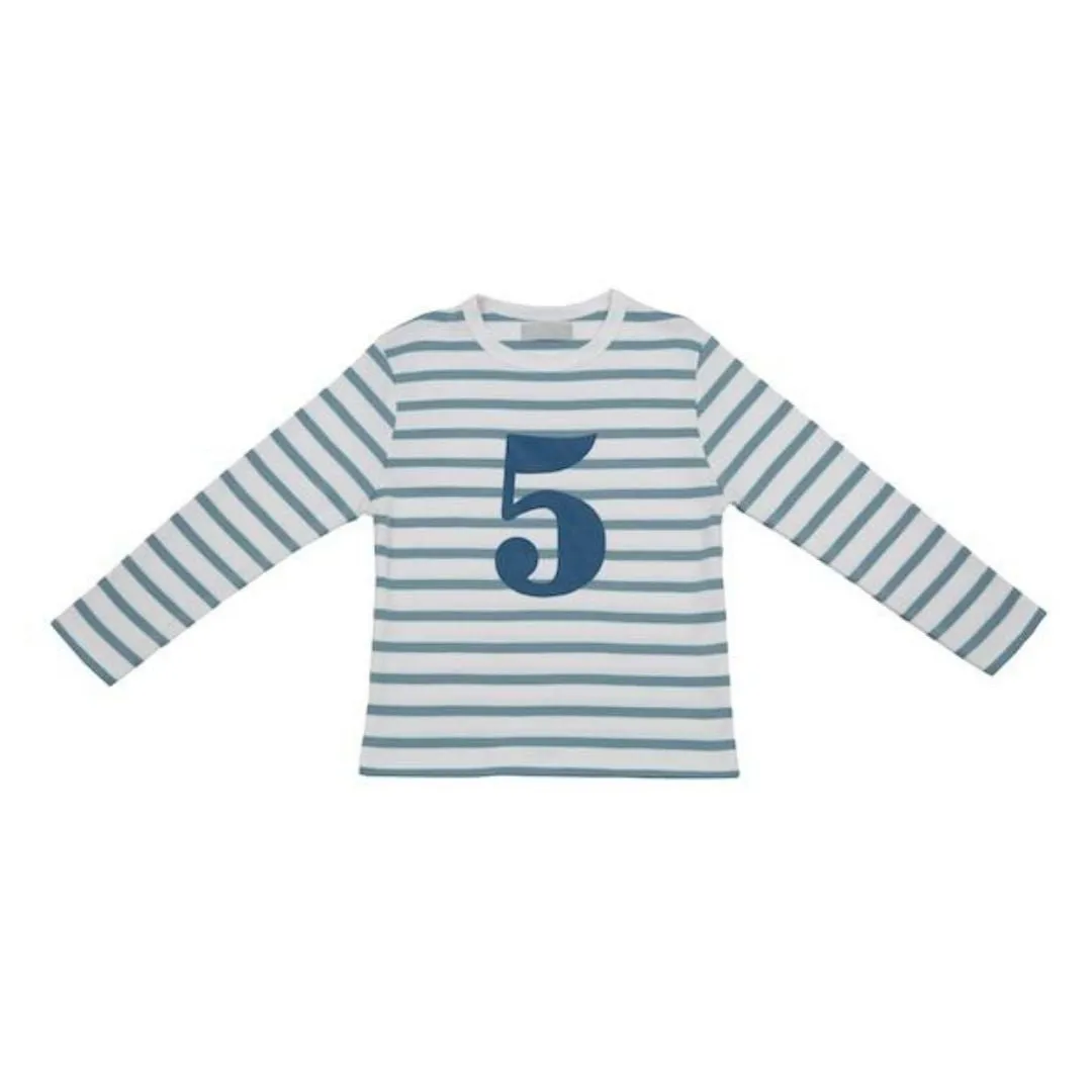 Bob & Blossom: Ozeanblau & Weiß Breton Gestreiftes Blaues Nummer 5 T-Shirt