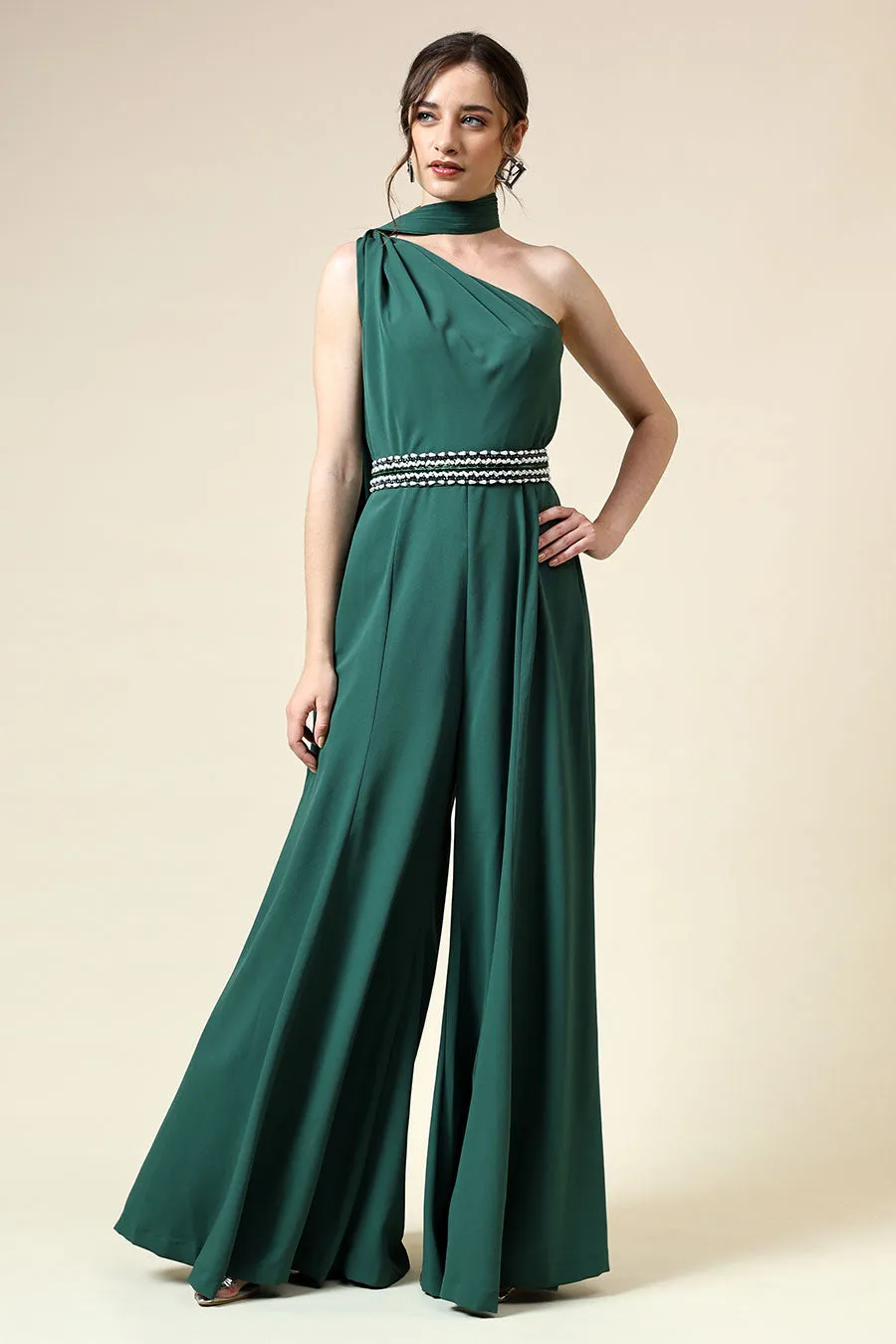 Botle Grün drapierter Jumpsuit mit verziertem Gürtel
