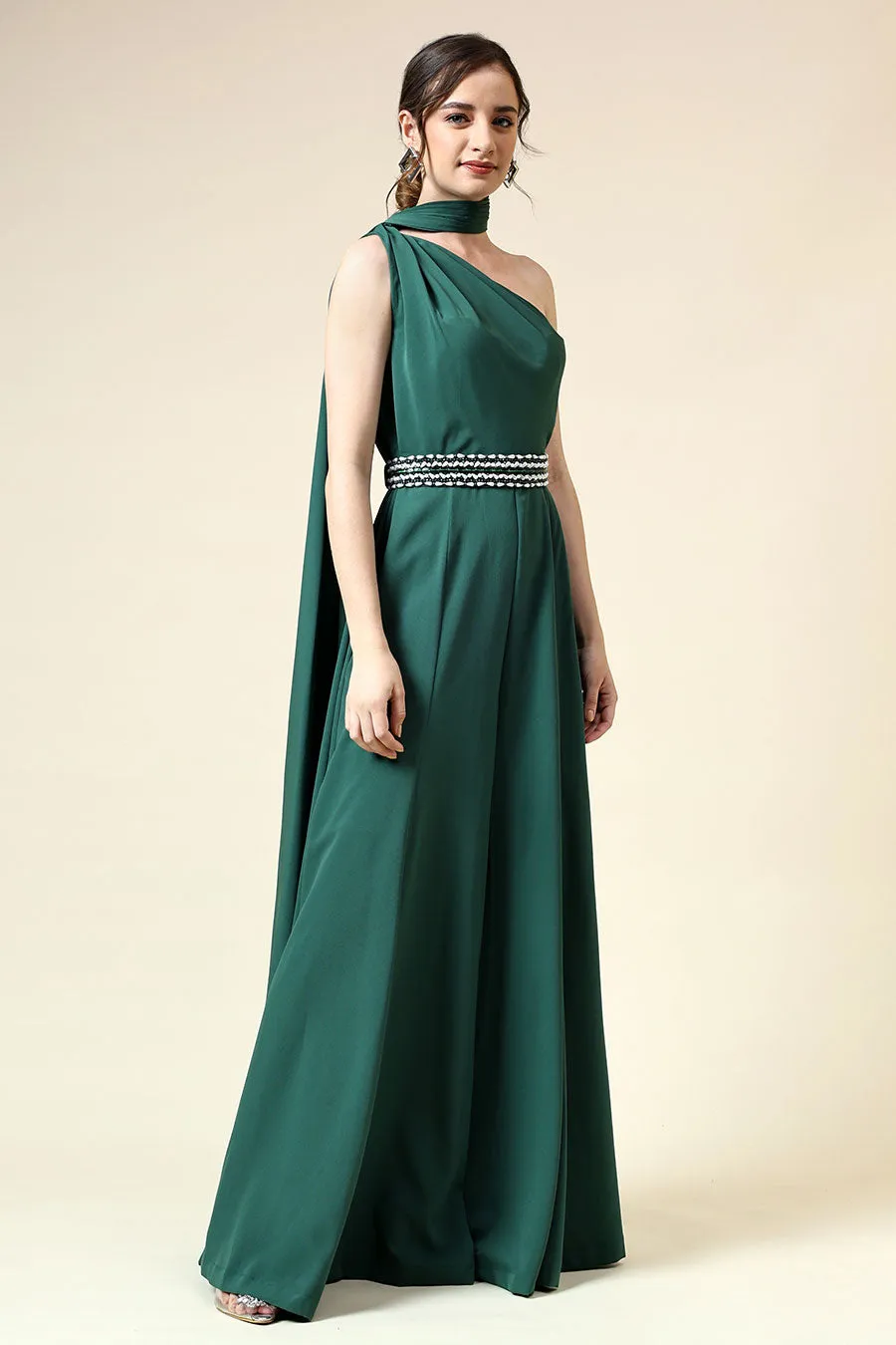 Botle Grün drapierter Jumpsuit mit verziertem Gürtel