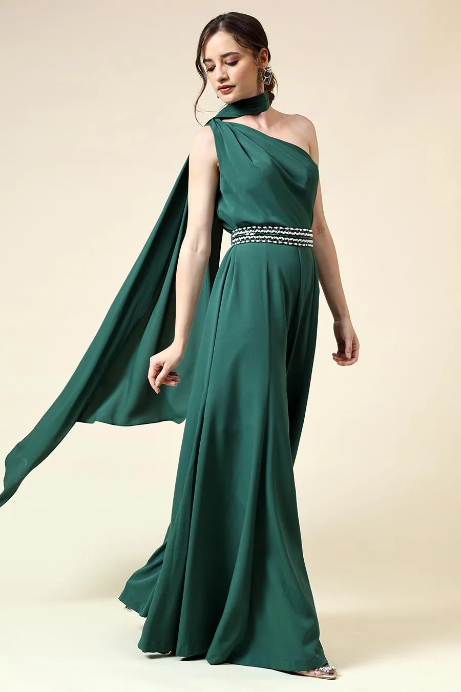 Botle Grün drapierter Jumpsuit mit verziertem Gürtel