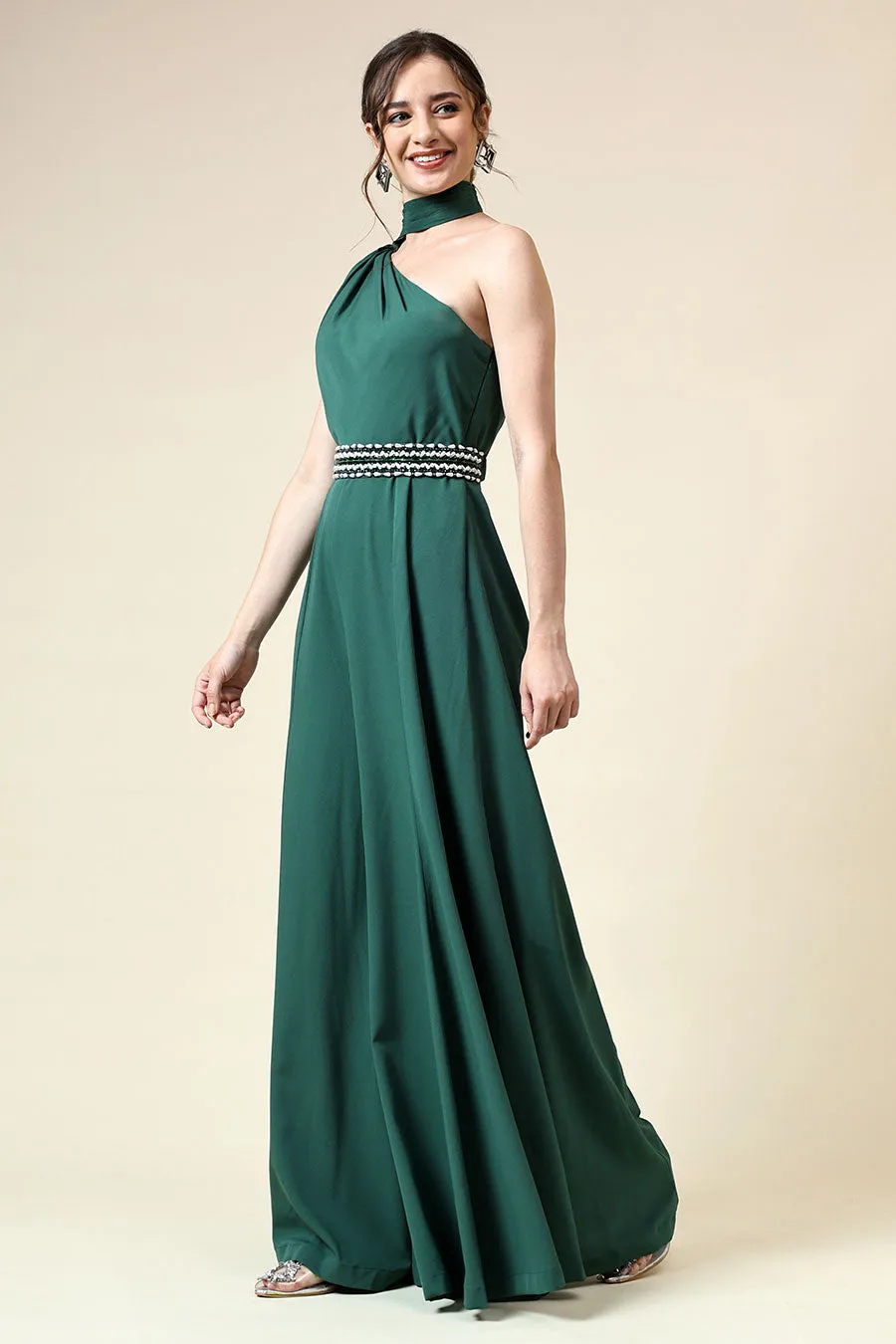 Botle Grün drapierter Jumpsuit mit verziertem Gürtel