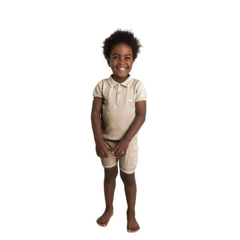 Jungen Beige Kabelstrick Polo-Kurzarm-Set