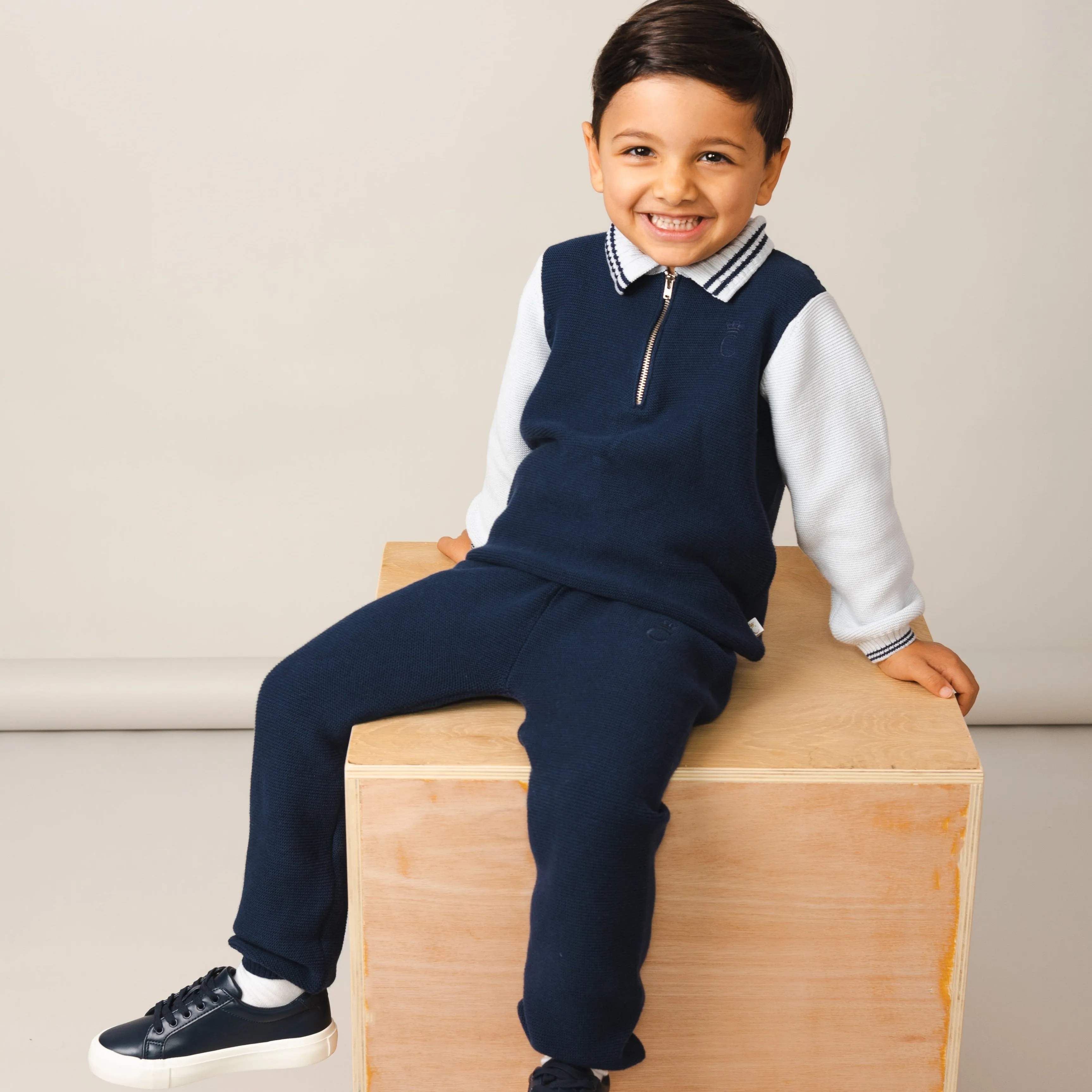 Jungen Blau Gestricktes Zip-Hals Polo-Set
