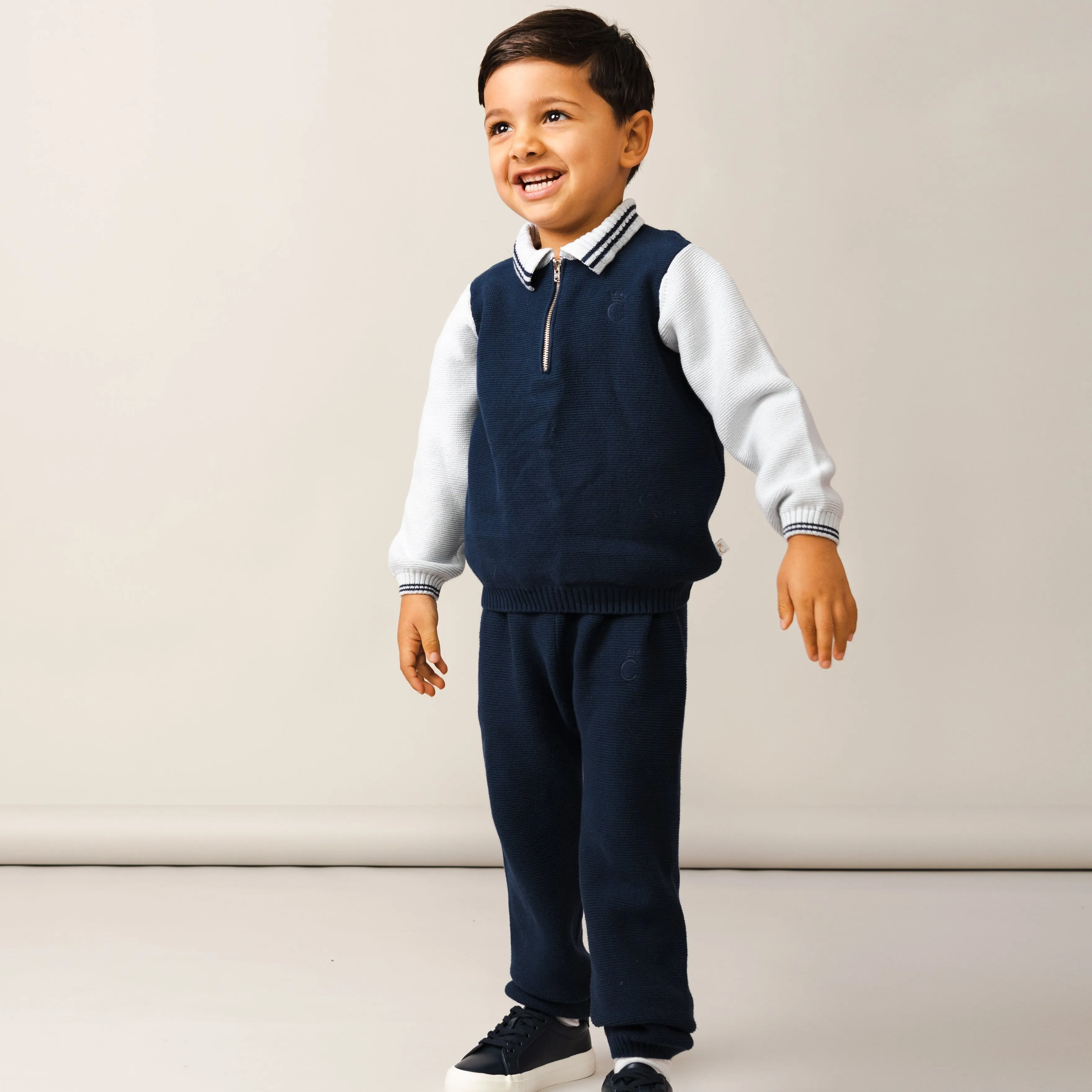 Jungen Blau Gestricktes Zip-Hals Polo-Set