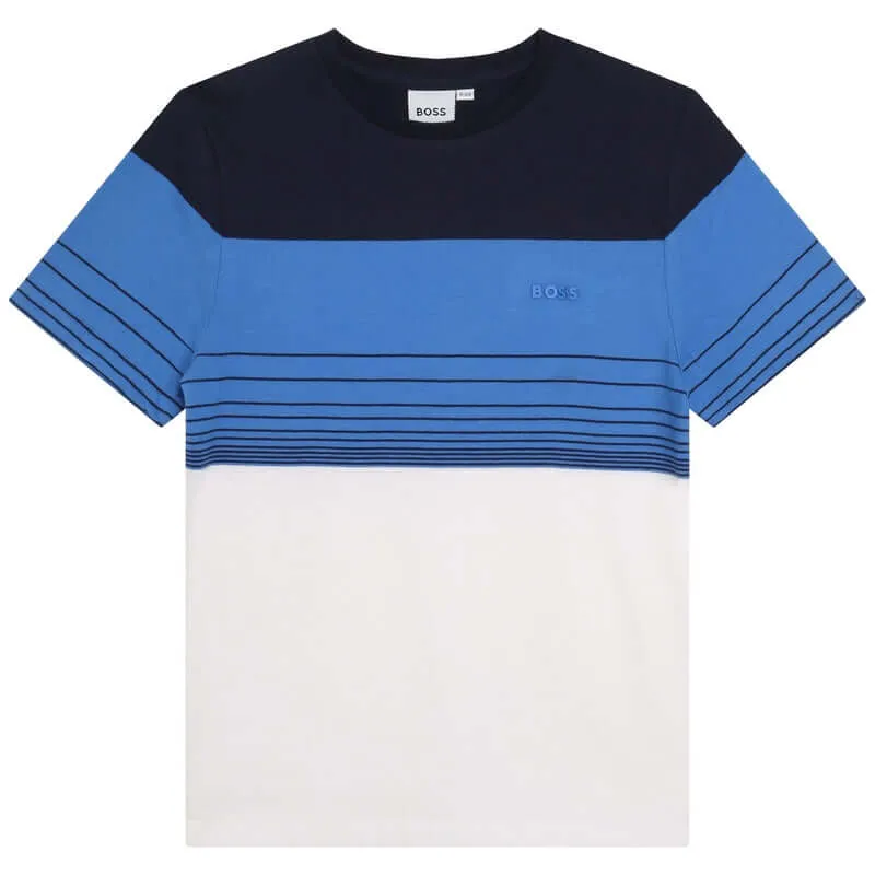 Jungen Blau Gestreiftes Kurzarm Baumwoll T-Shirt
