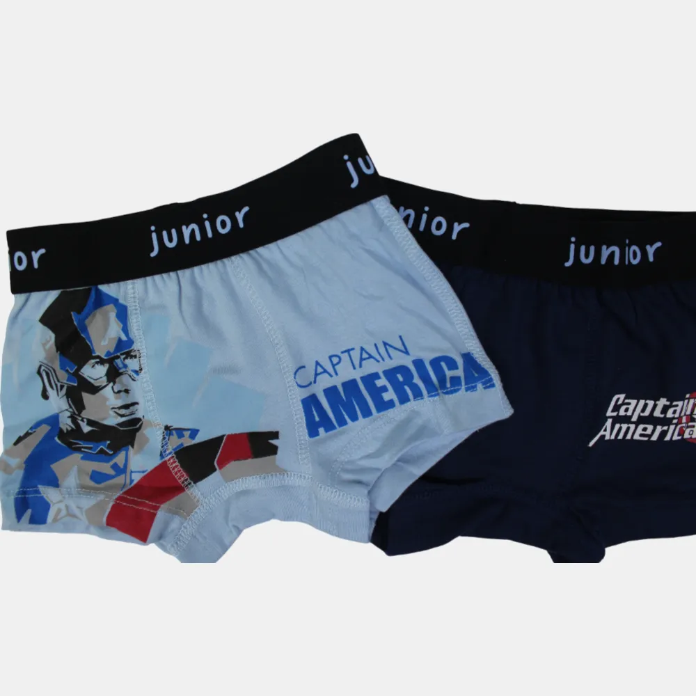 Jungen-Baumwoll-Boxershorts – Marineblau & Hellblau (2er-Pack, Captain America Design)