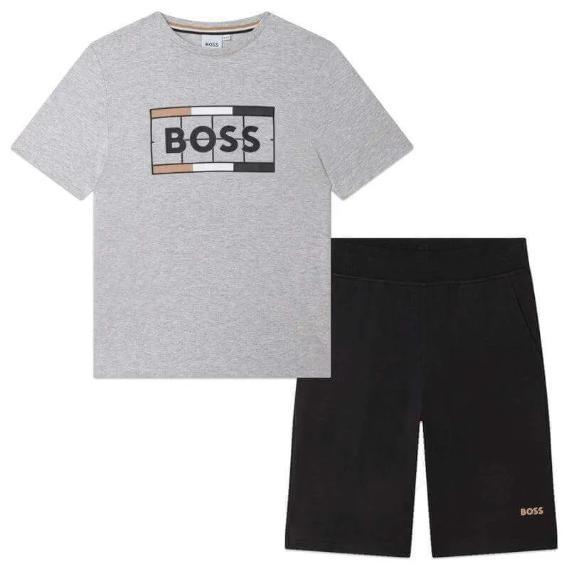 Jungen Graue Tennisplatz Logo Shorts & T-Shirt