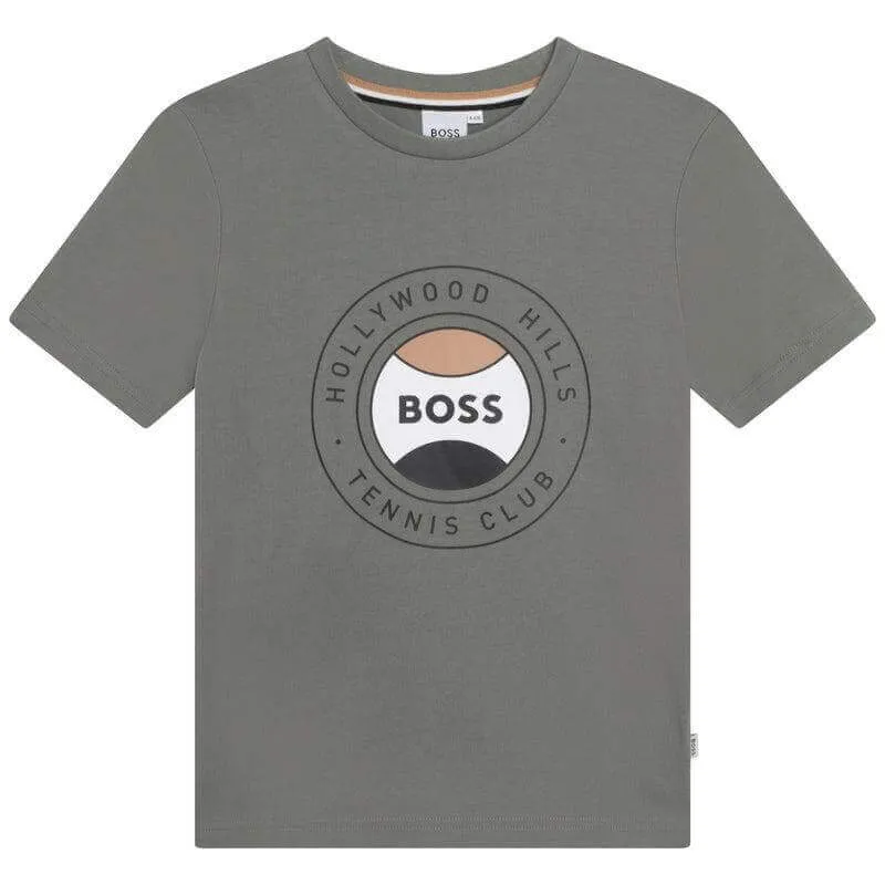 Jungen Khaki Kurzarm Tennis-Logo T-Shirt
