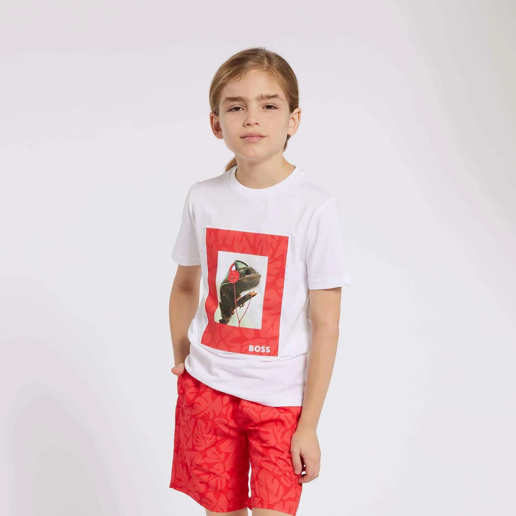 Jungen Rote Blattdruck Badeshorts