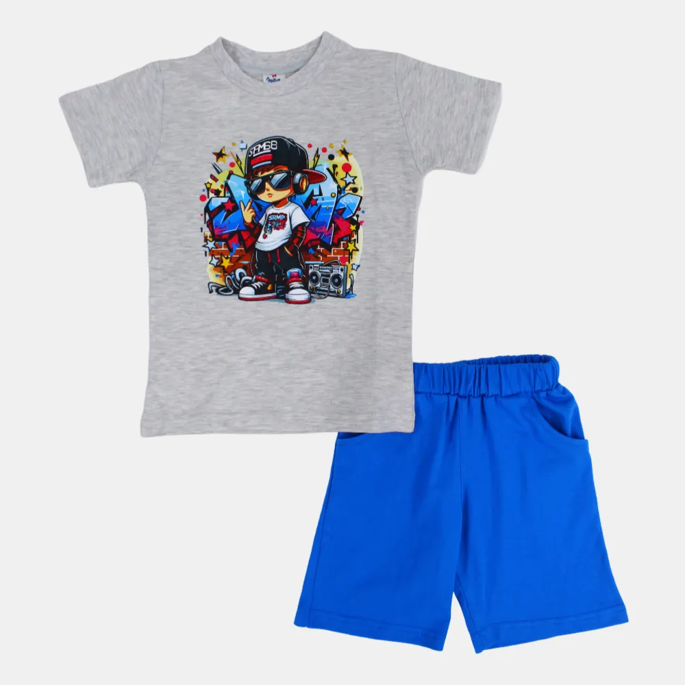 Jungen Kurzarm-Pyjama-Set – Grau mit Coolem Druck