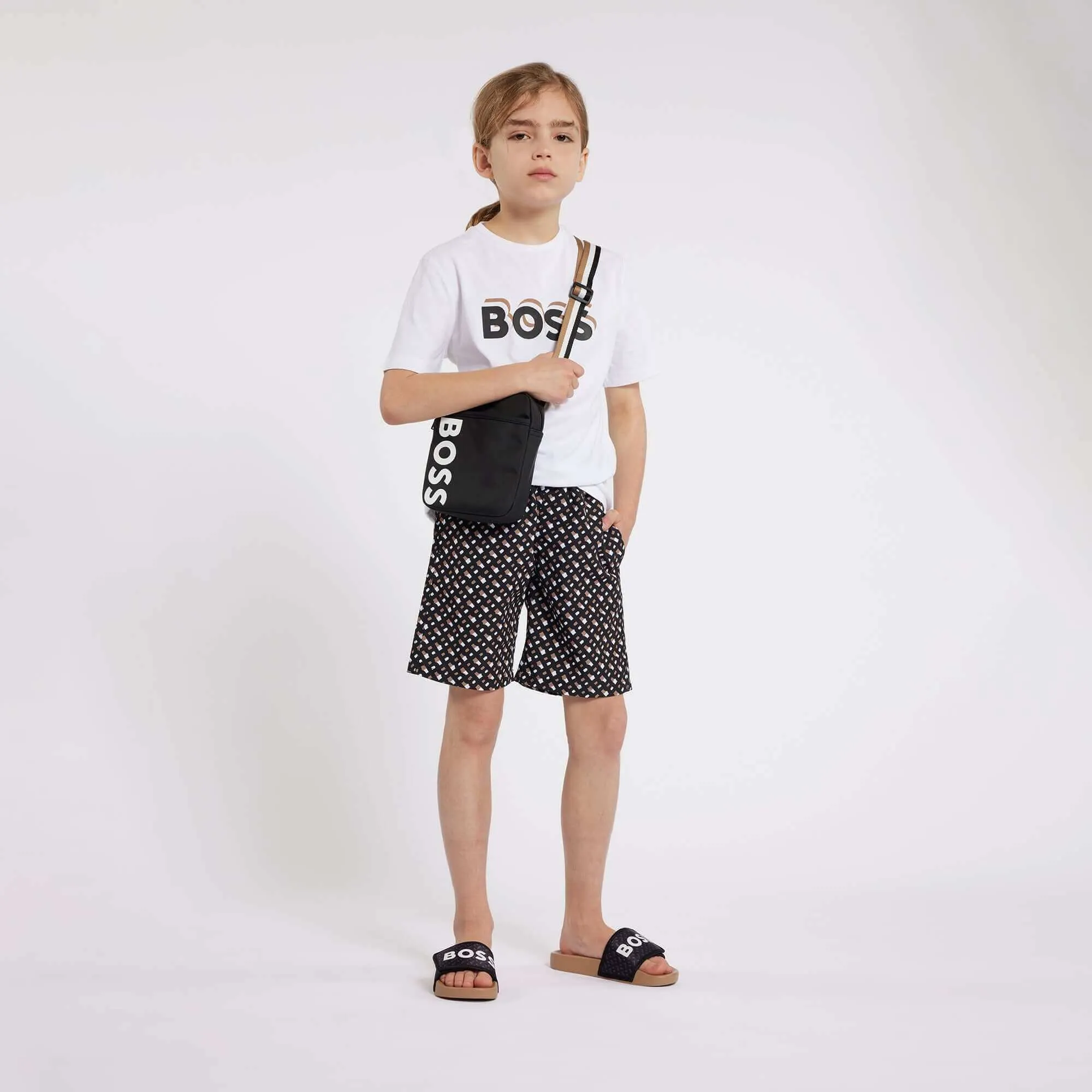 Jungen Weißes Logo Baumwoll Kurzarm T-Shirt