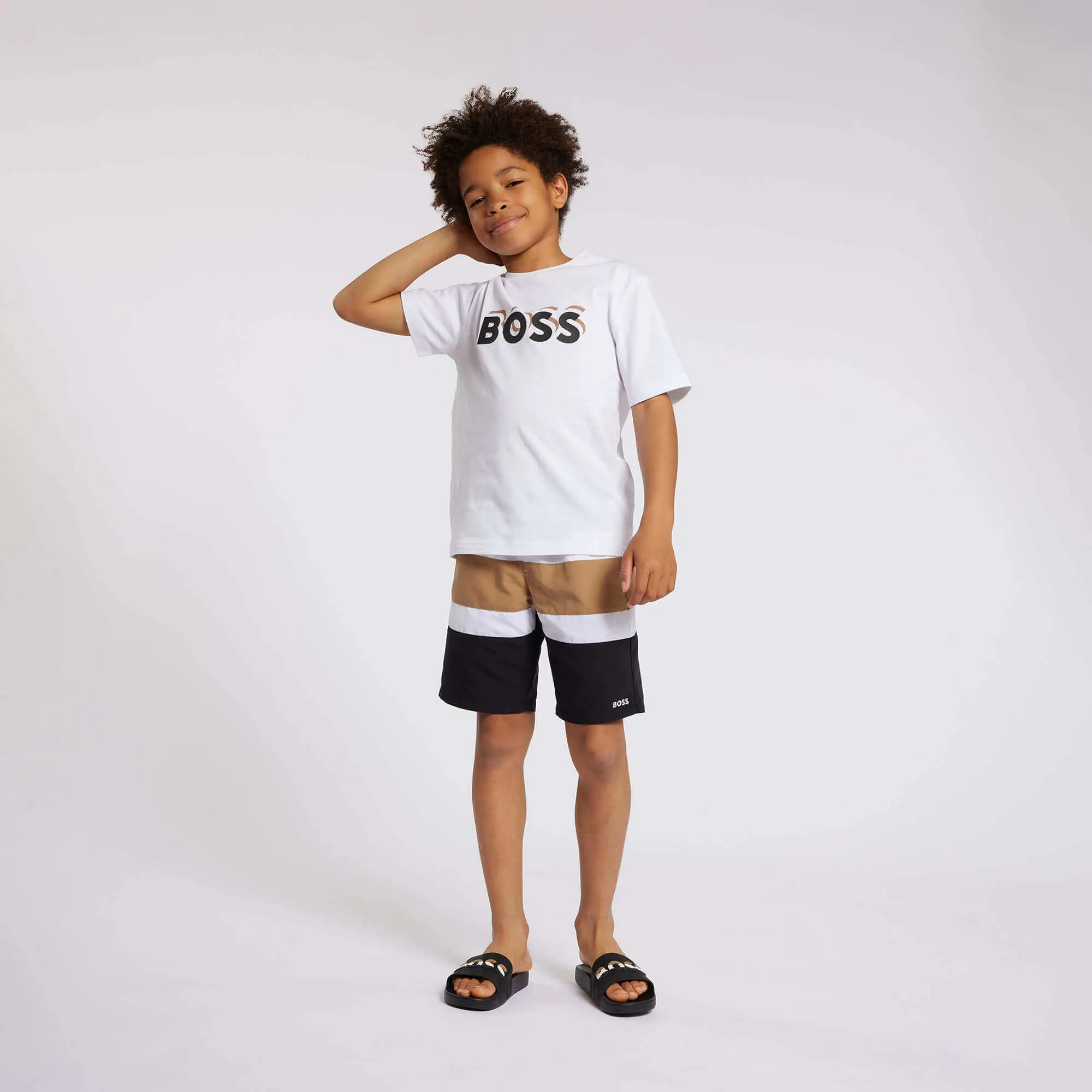 Jungen Weißes Logo Baumwoll Kurzarm T-Shirt