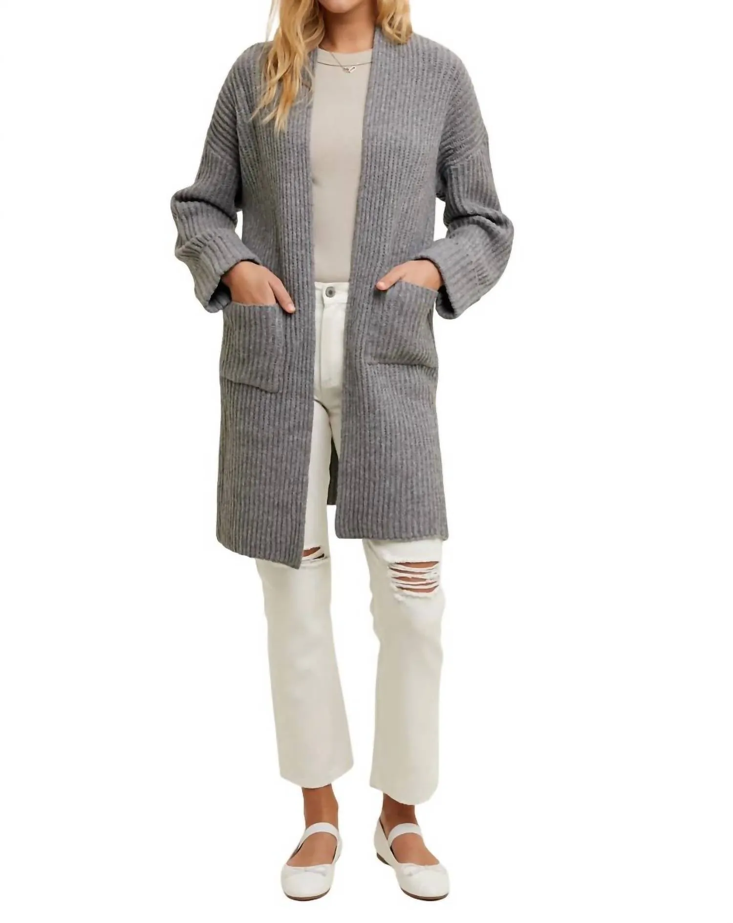 Bürstiger Rippstrick-Cardigan in Anthrazit