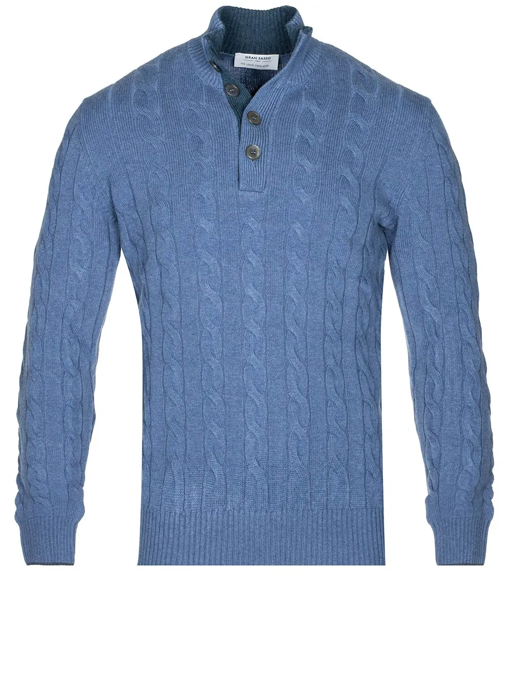 Blauer Strickpullover mit Kabelmuster