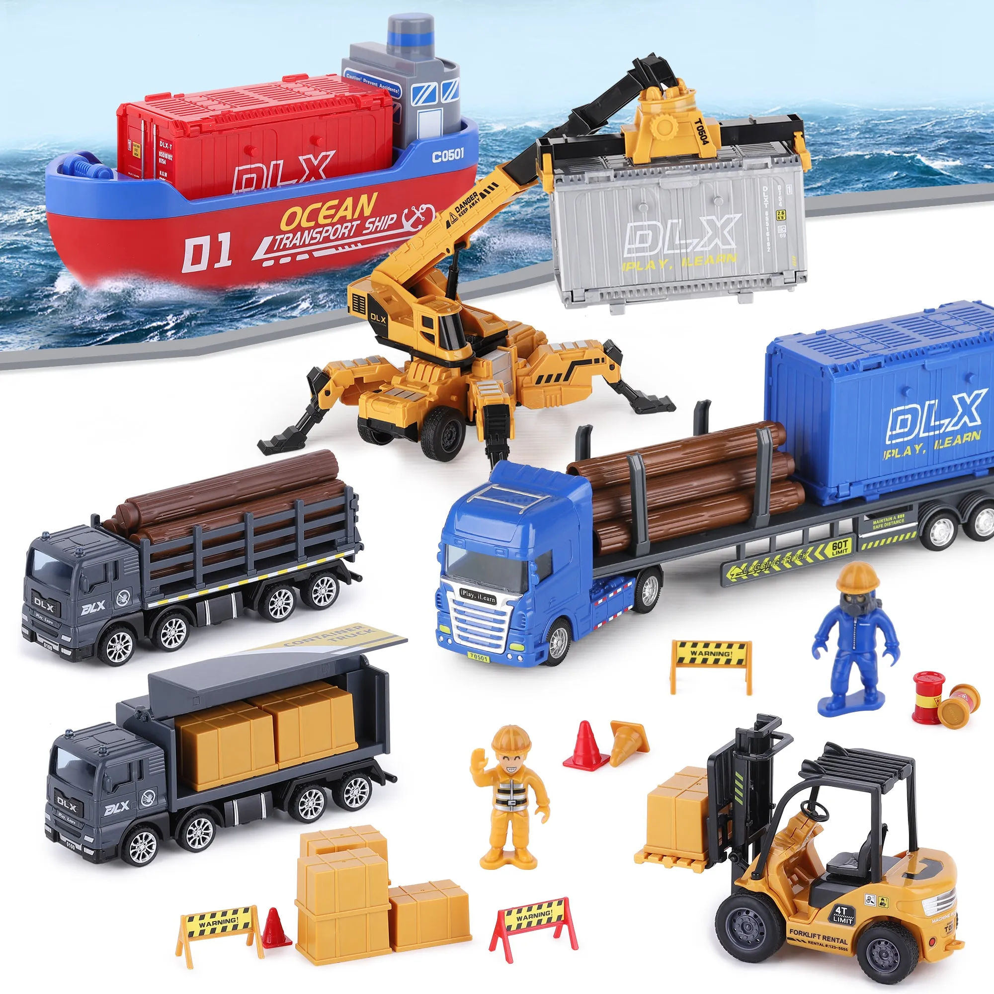LKW-Spielzeugset für den Gütertransport, Hafen-Schiff-Baufahrzeuge-Spielplatz für Kinder
